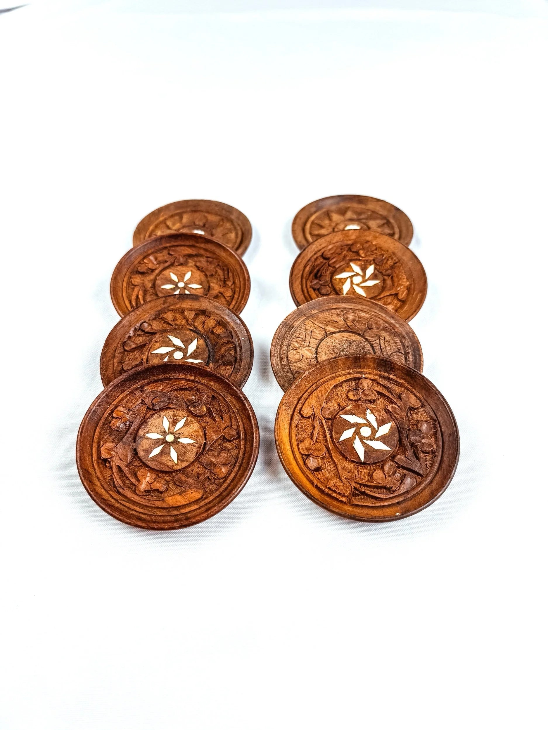 Set of 8 Vintage Carved Wood Coasters