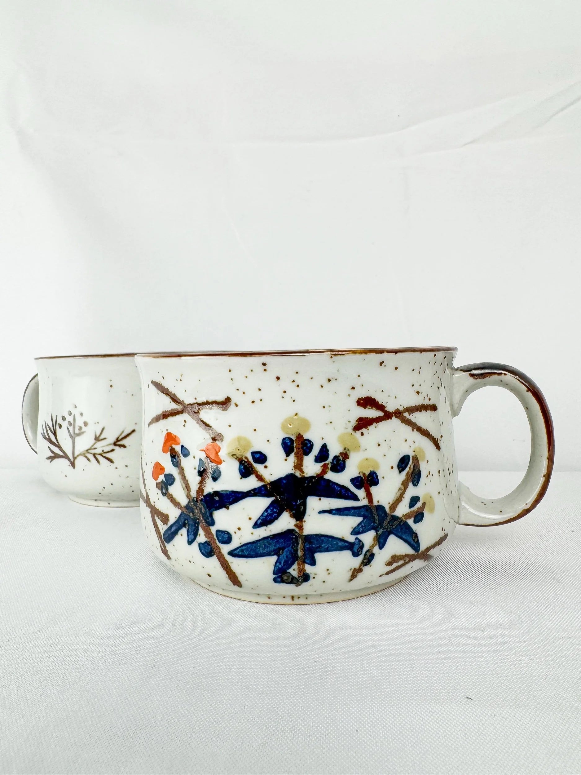 Set of Two Large, Hand-Painted Floral Pottery Mugs