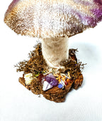 Single Purple Velvet Mushroom on Wooden Stump w/ Crystals