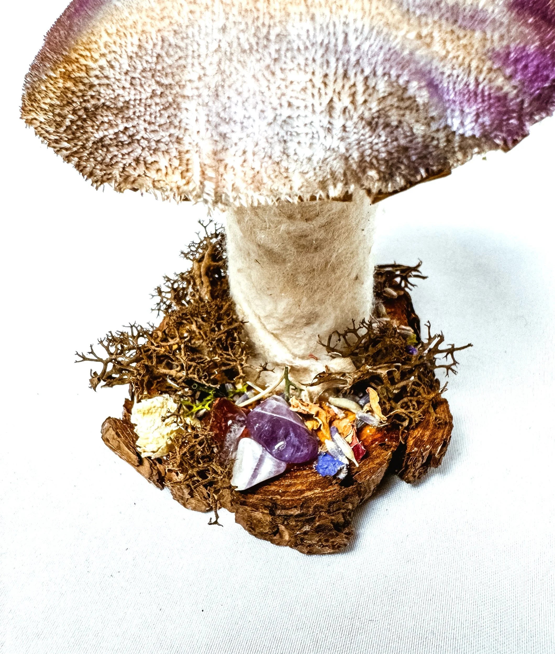 Single Purple Velvet Mushroom on Wooden Stump w/ Crystals