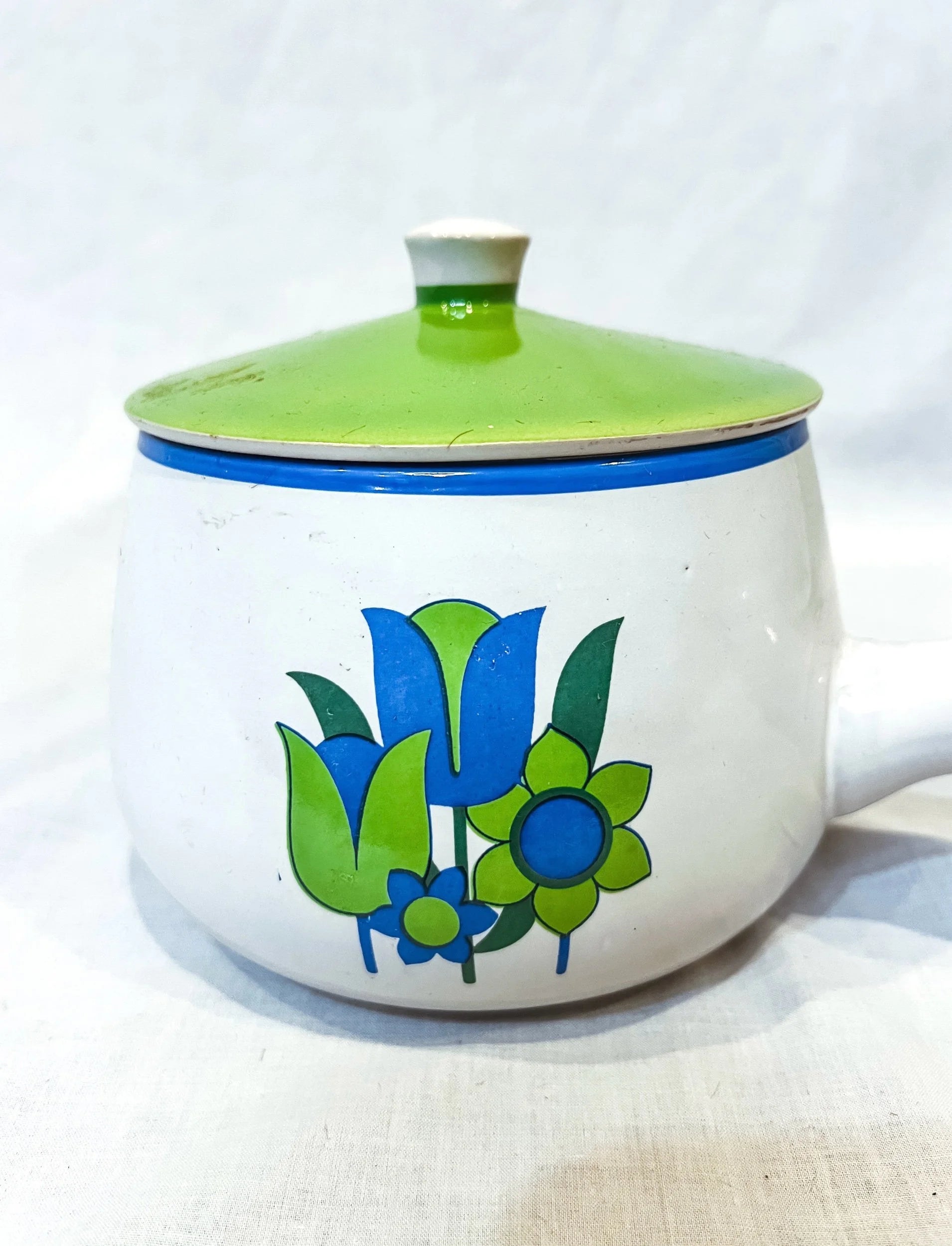 Vintage Stoneware Handled Floral Pot w/ Lid