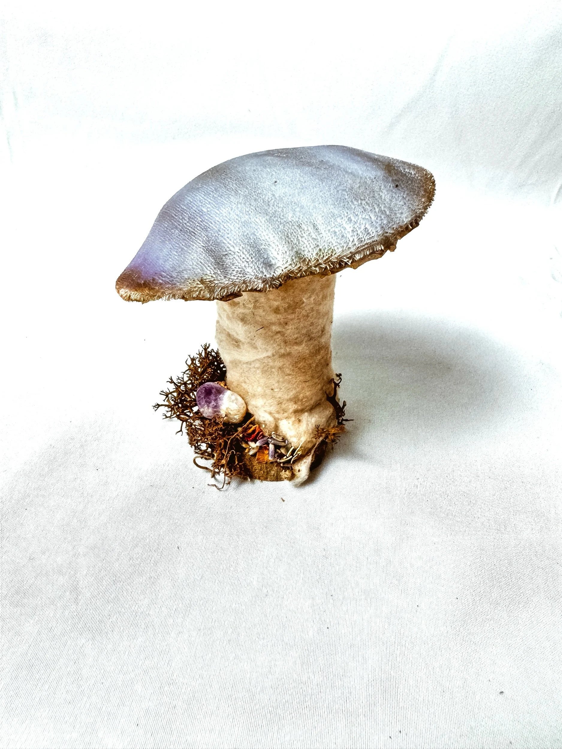 Single Purple Velvet Mushroom on Wooden Base w/ Crystal