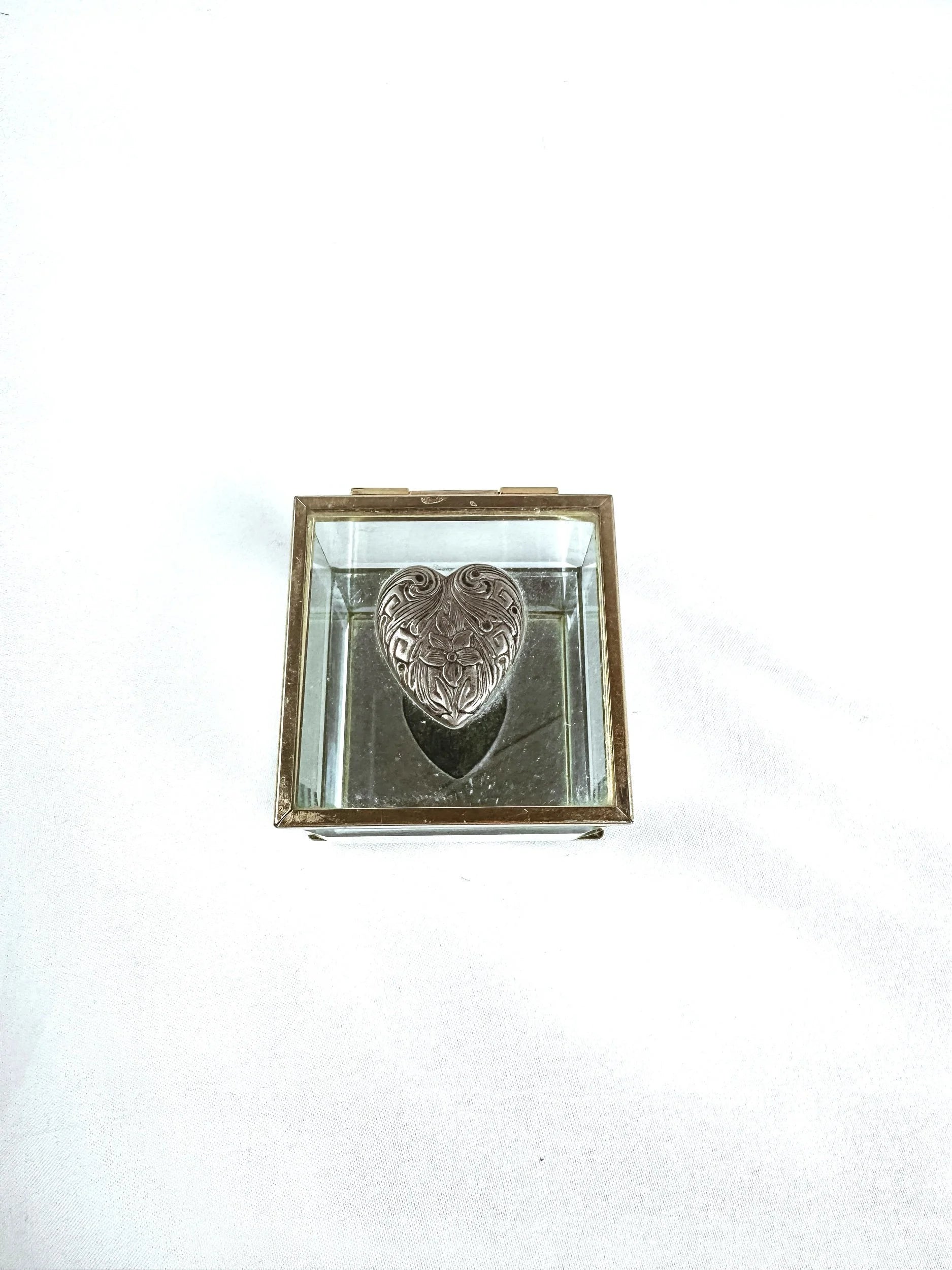 Silver Heart Mirrored Glass and Brass Box