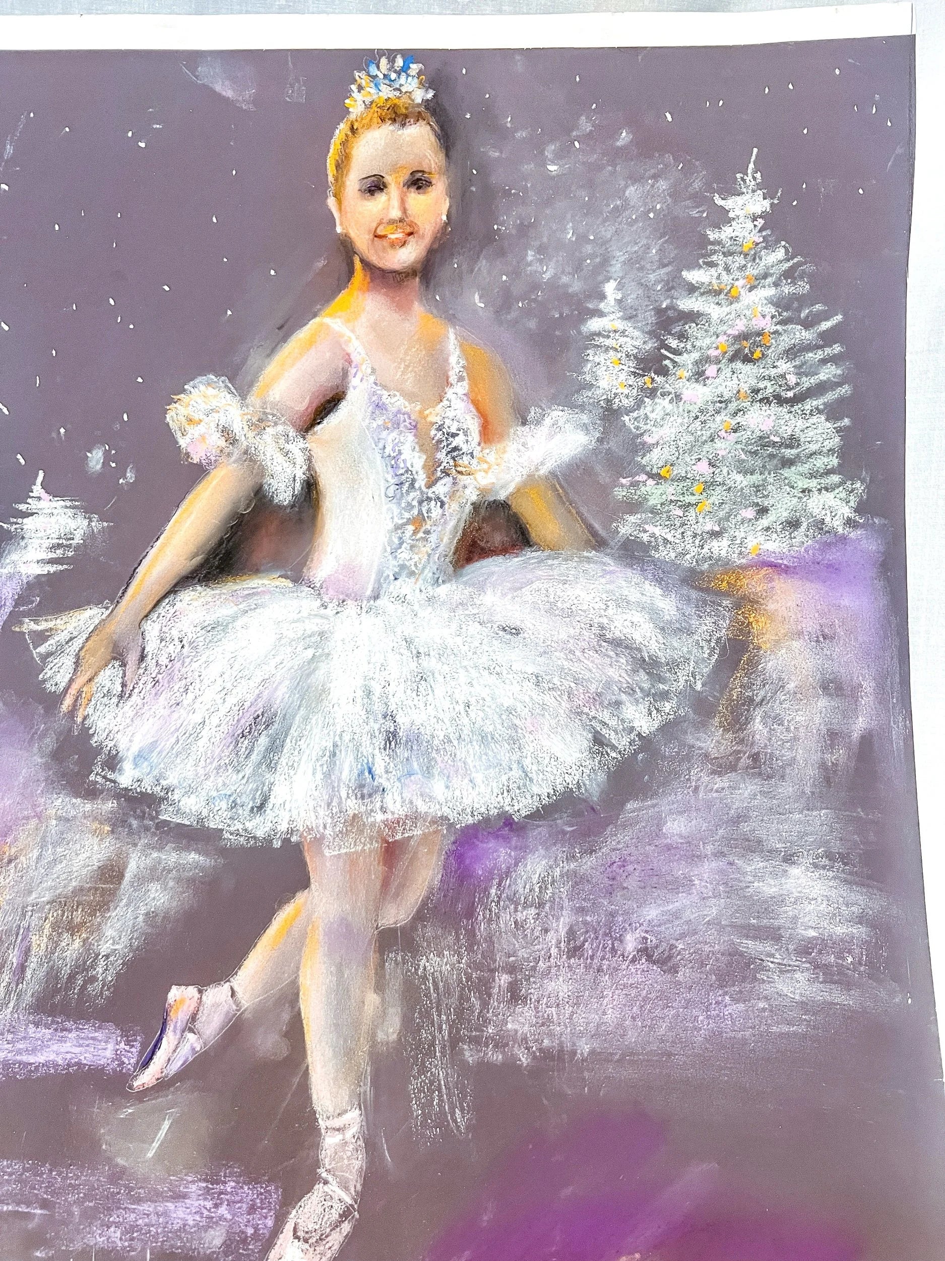 Ballerina at Christmas Pastel Painting on Watercolor Paper