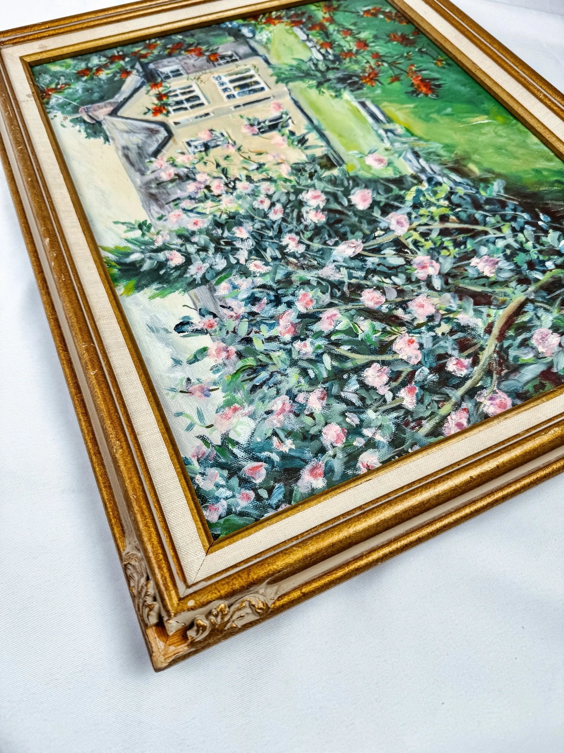 Home in the Spring, Framed Vintage Floral Painting