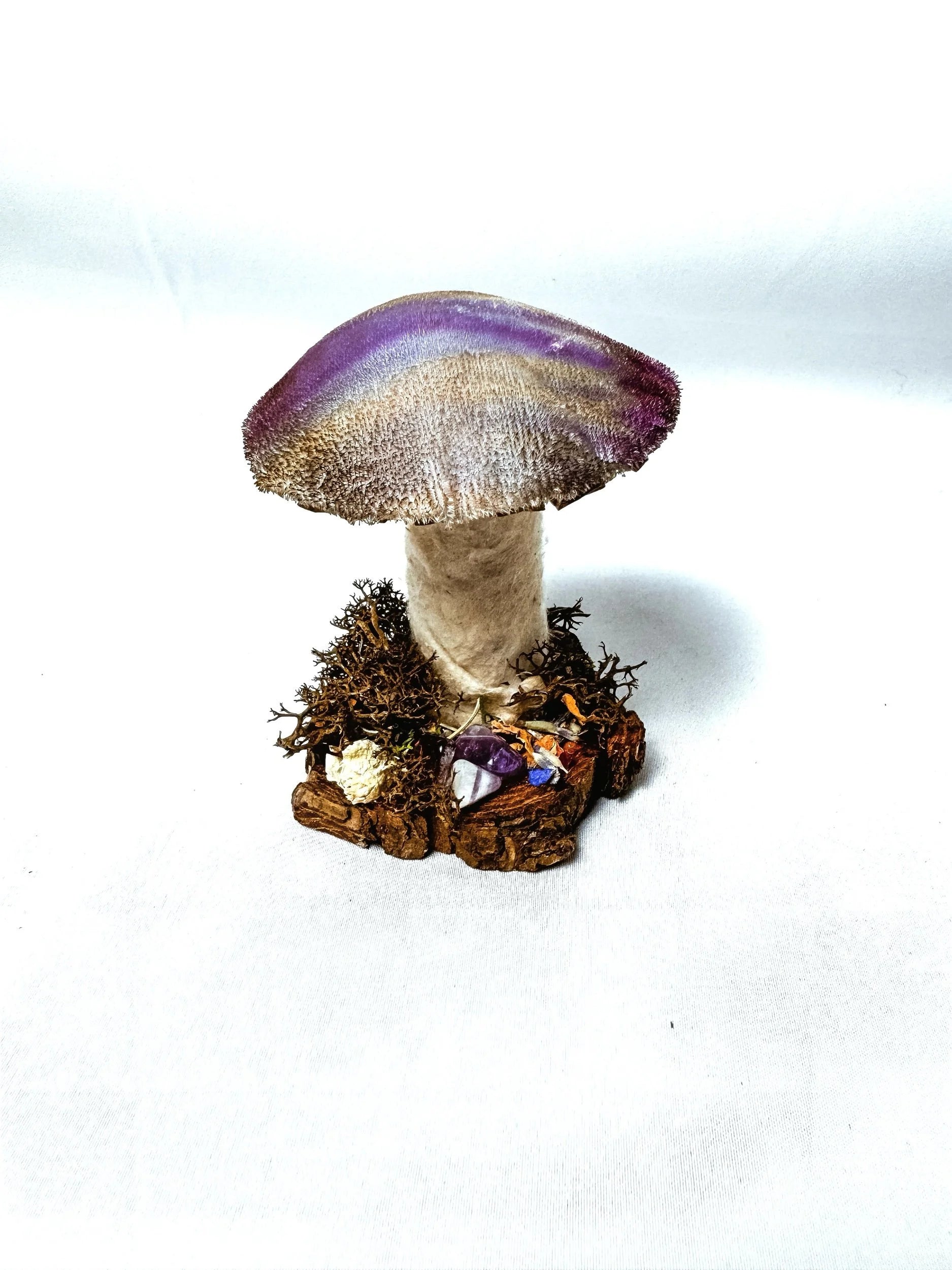 Single Purple Velvet Mushroom on Wooden Stump w/ Crystals