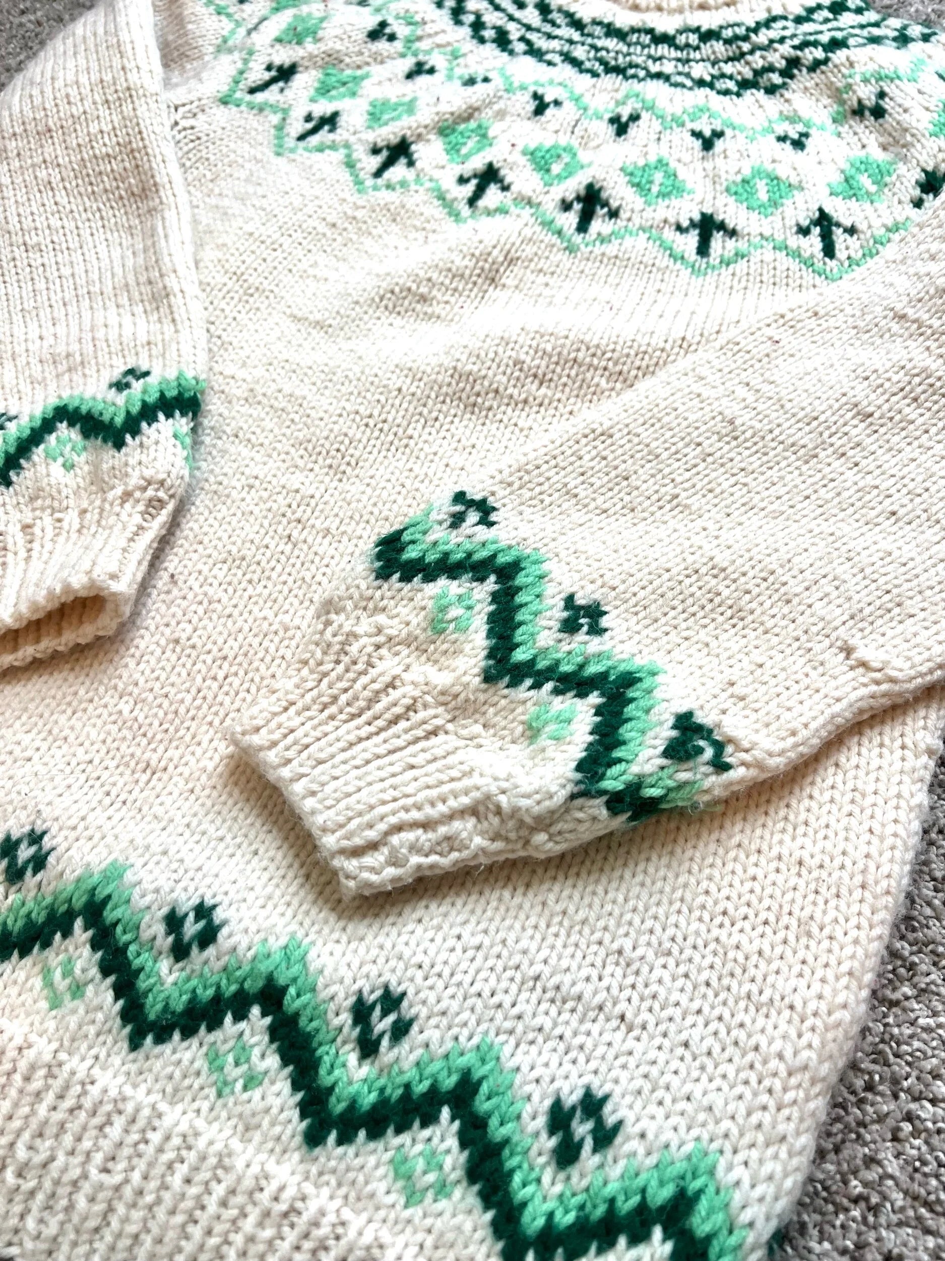 Hand-Knit Cream/ Green Wool Sweater