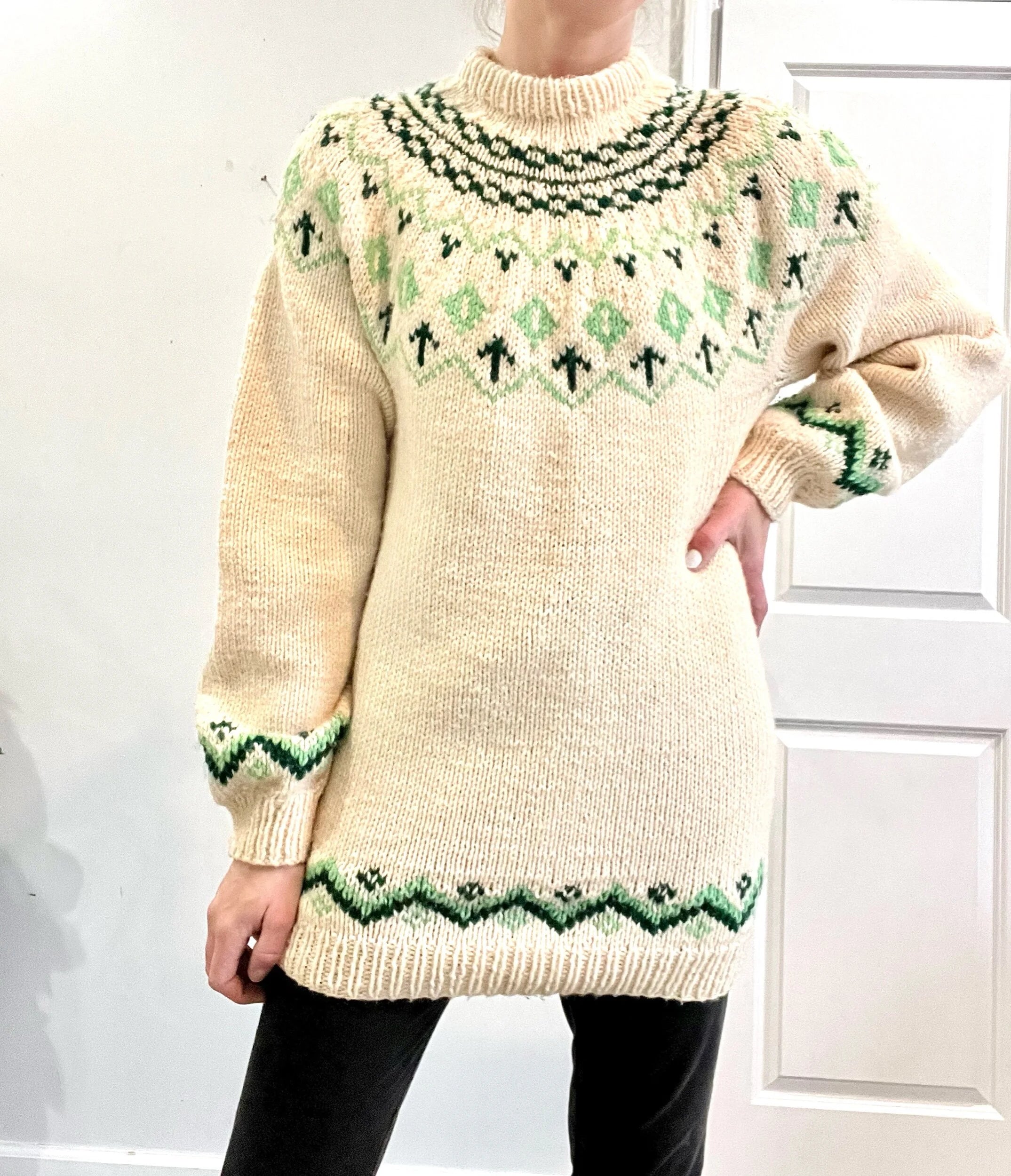 Hand-Knit Cream/ Green Wool Sweater