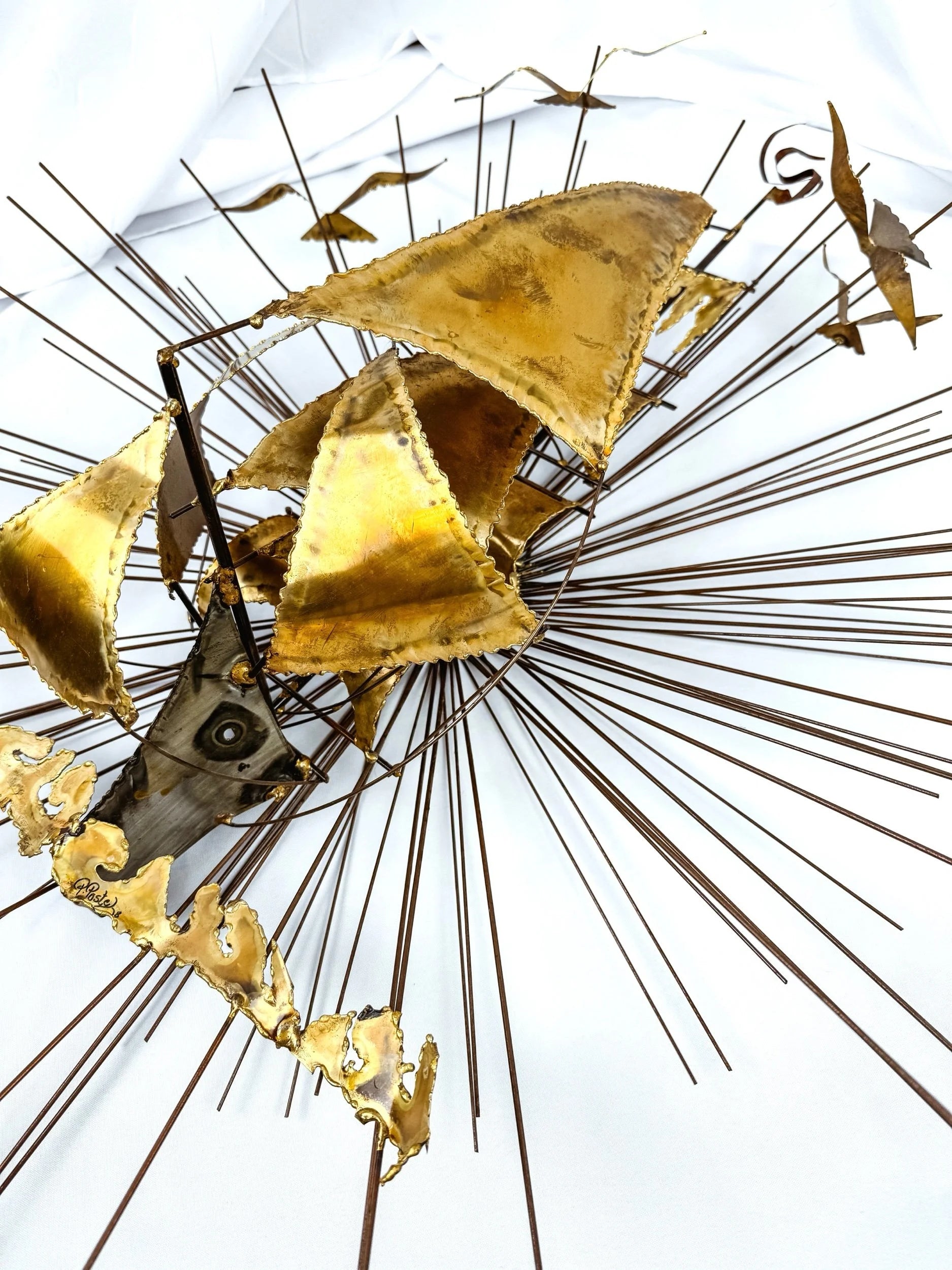 Large Signed Torch Cut Brass Sunburst MCM Wall Sculpture