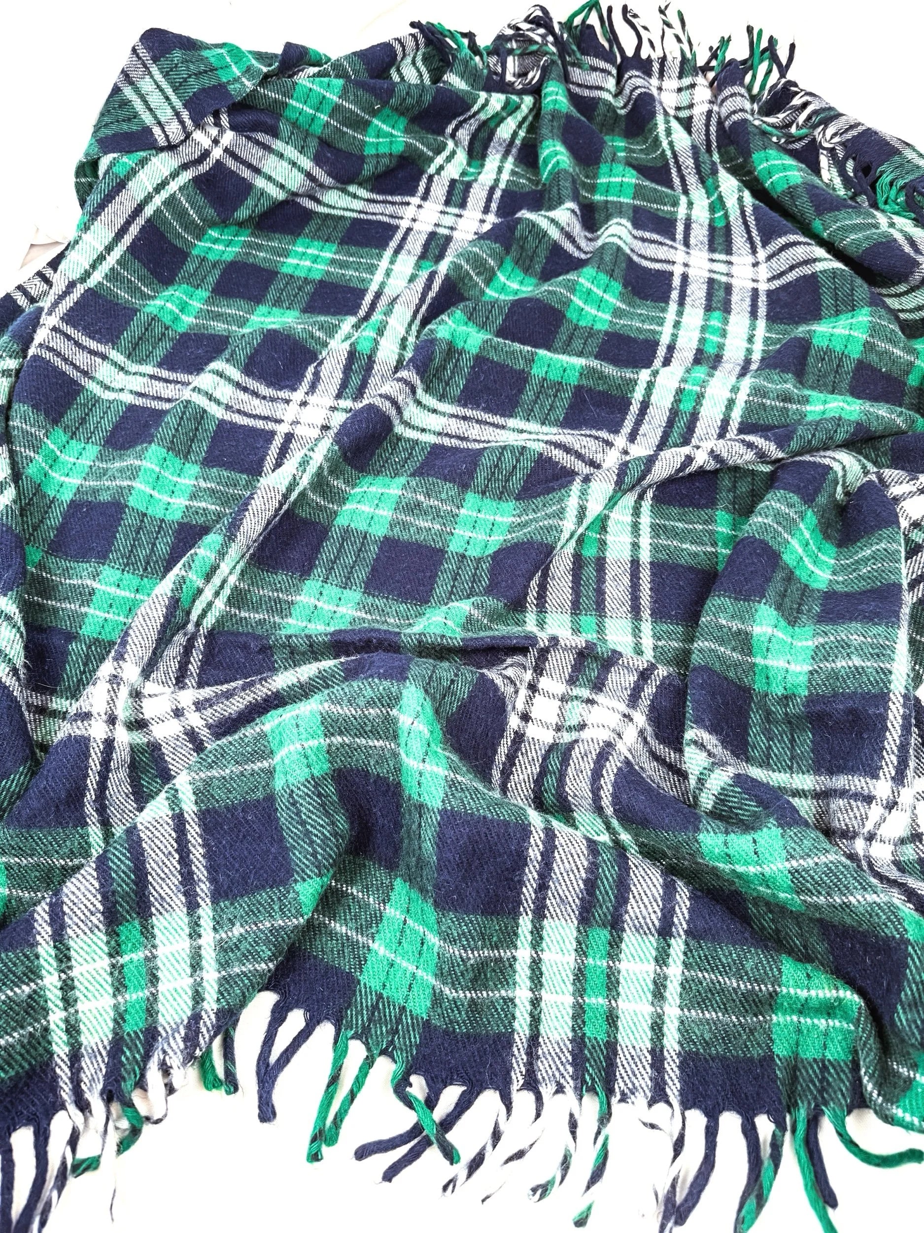 Vintage Green/Navy Plaid Wool Blend Blanket