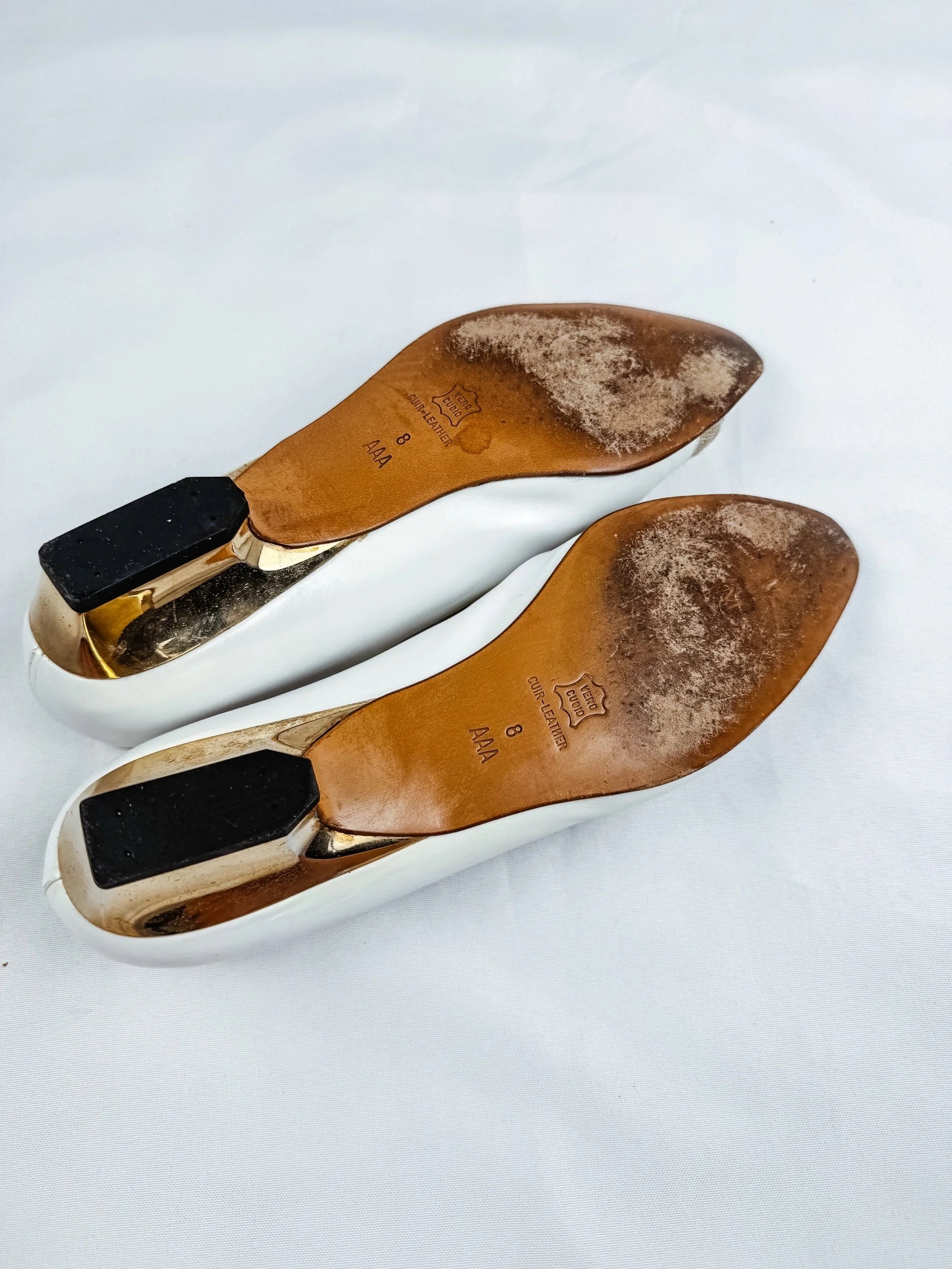 Bruno Magli White/Gold Leather Kitten Heels