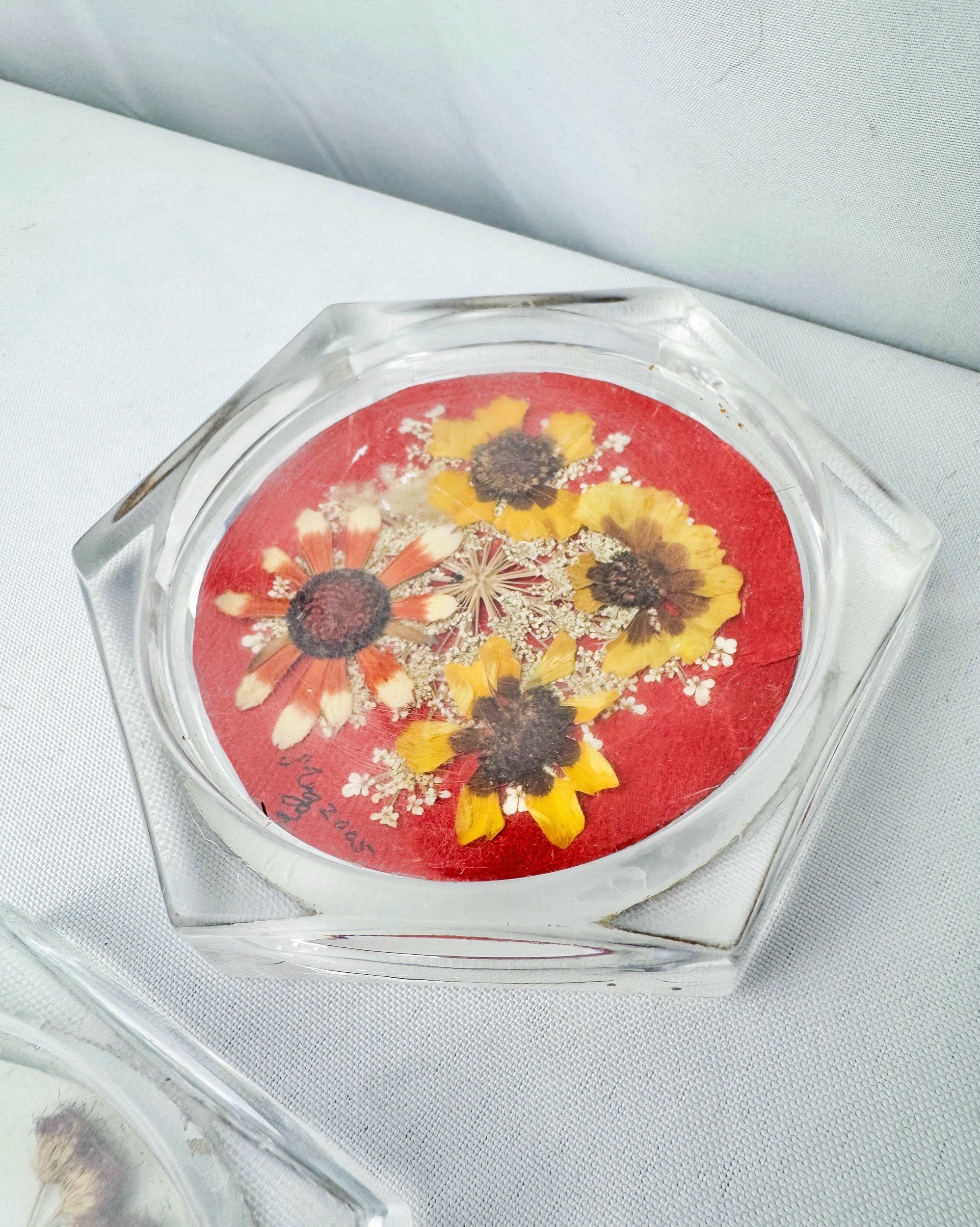 Set of Two Dried Flower Acrylic Coasters