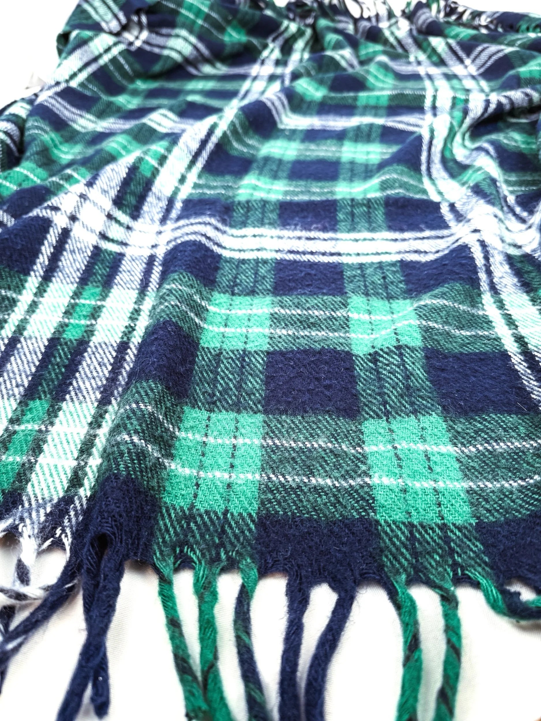 Vintage Green/Navy Plaid Wool Blend Blanket