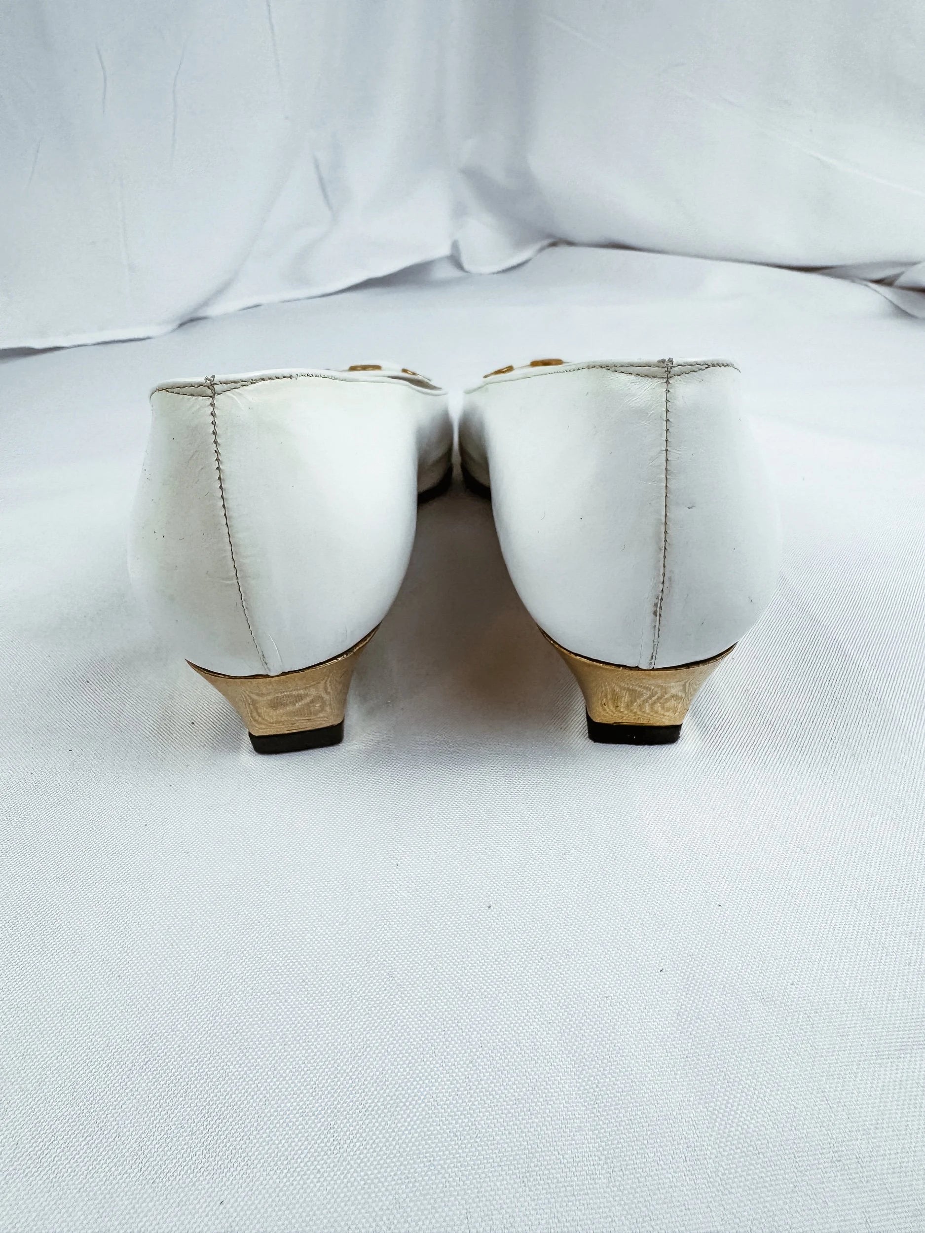 Bruno Magli White/Gold Leather Kitten Heels