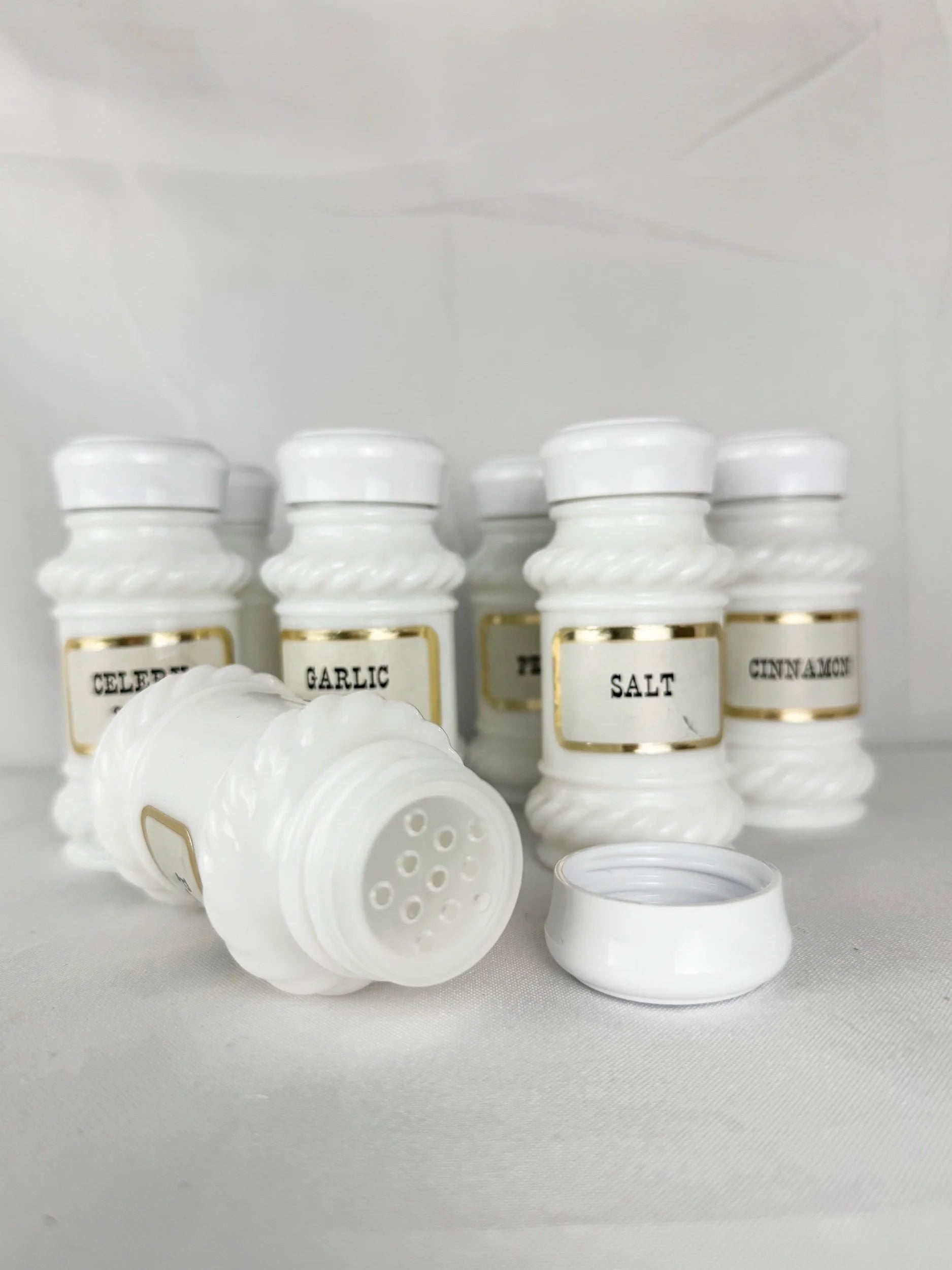 Set of 8 White Glass Spice Jars