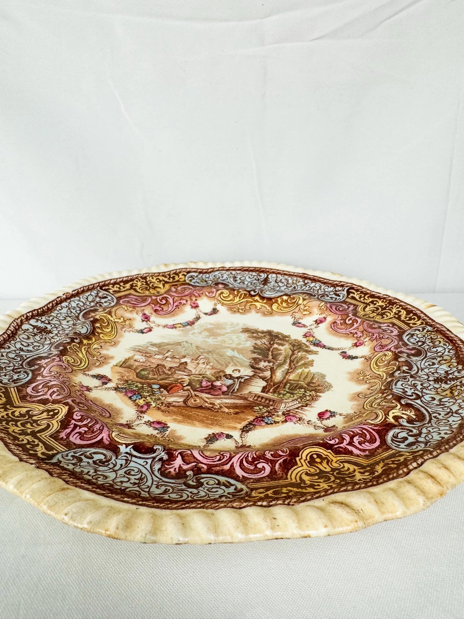 Antique Spode Copeland 'Continental Views' polychrome transferware plate "Music Lesson in the Garden"