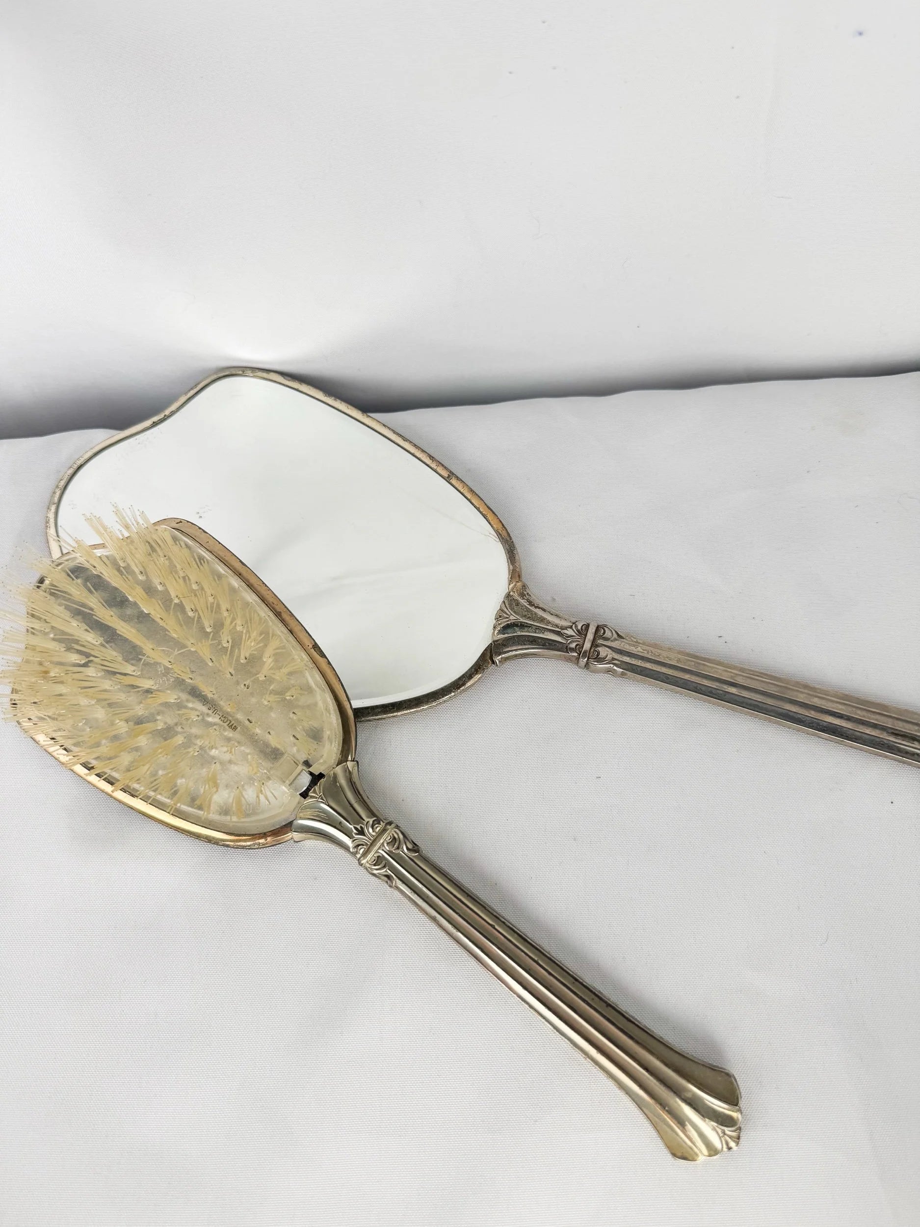 Silver-Plated Vanity Mirror/Brush Set
