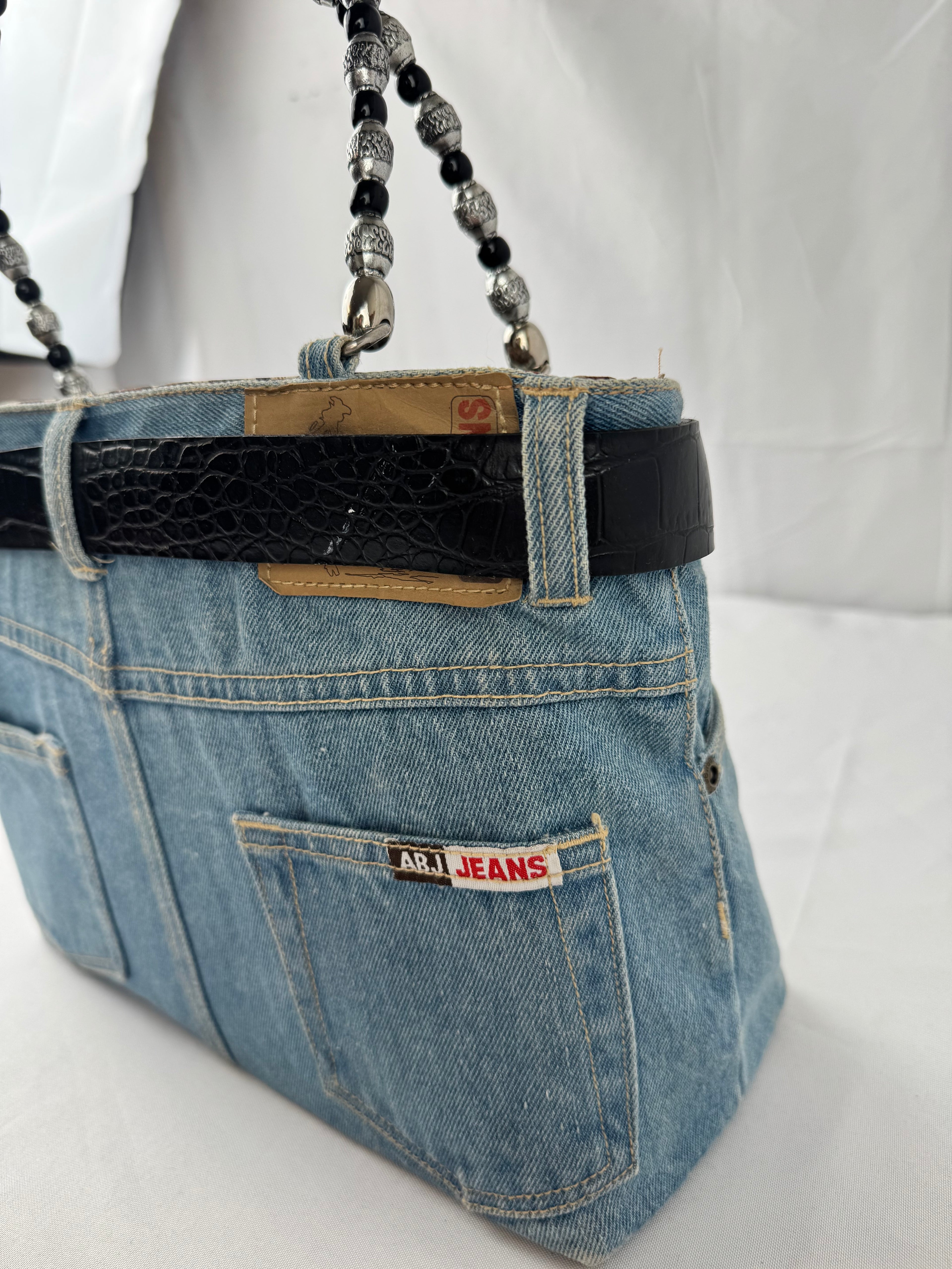 Vintage Y2K Denim Bootie Belt Bag w/ Beaded Handles