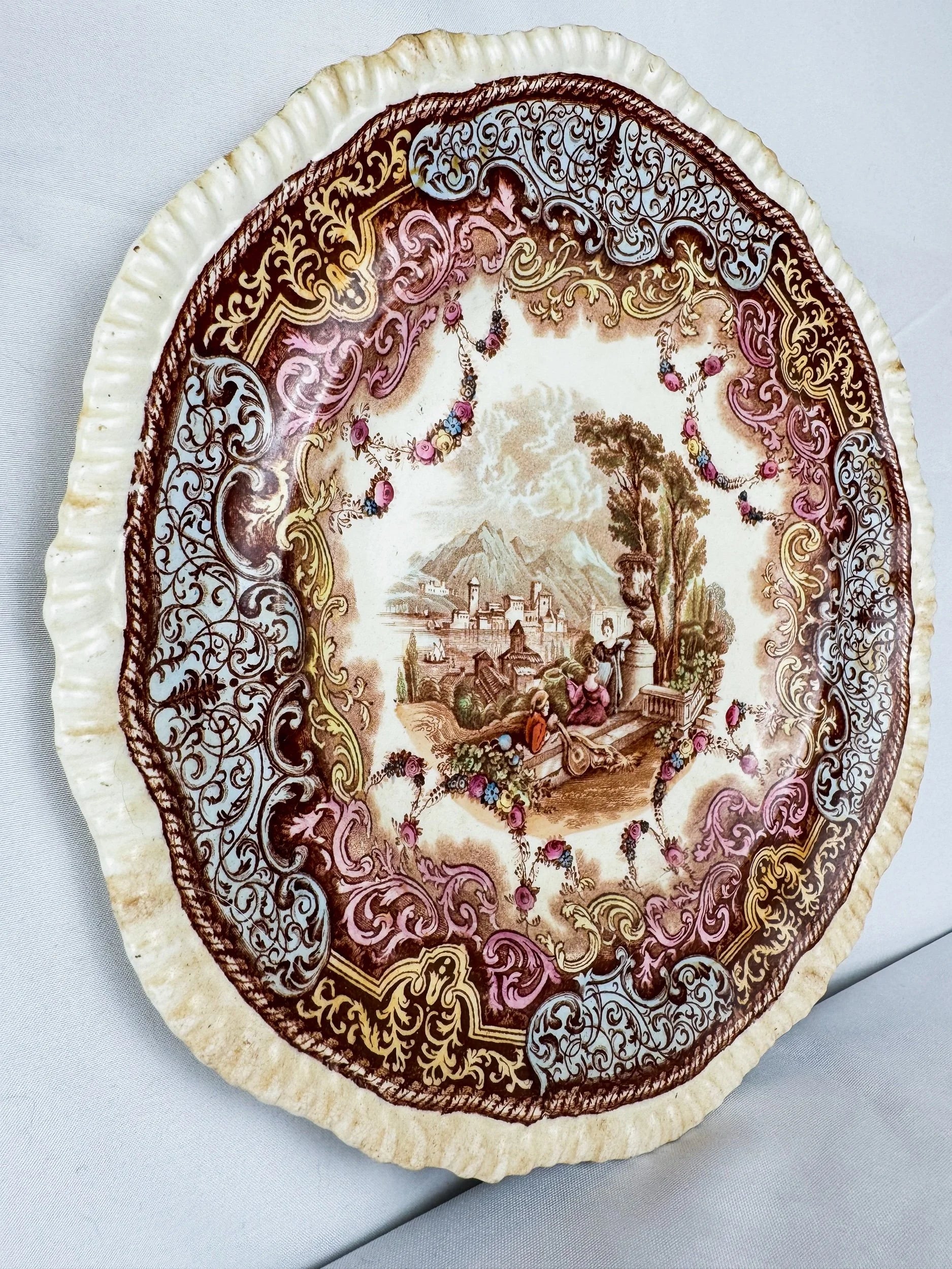 Antique Spode Copeland 'Continental Views' polychrome transferware plate "Music Lesson in the Garden"