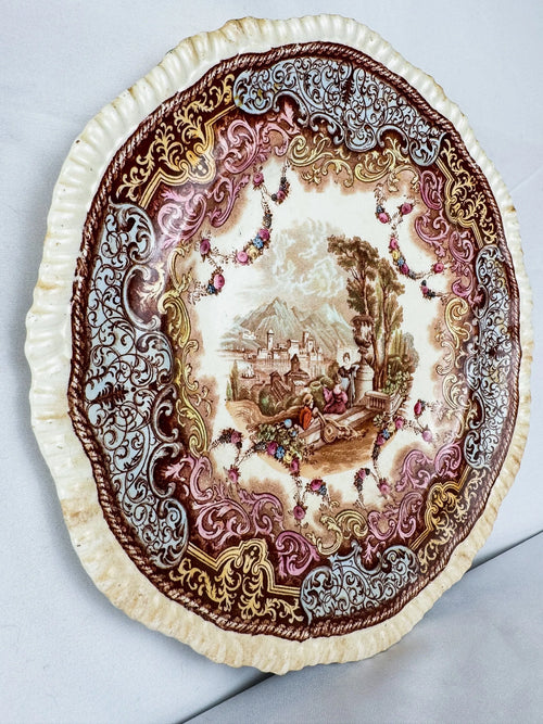 Antique Spode Copeland 'Continental Views' polychrome transferware plate "Music Lesson in the Garden"