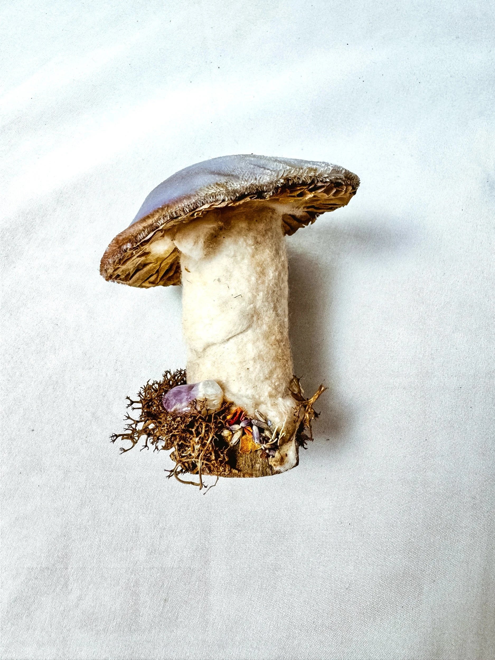 Single Purple Velvet Mushroom on Wooden Base w/ Crystal