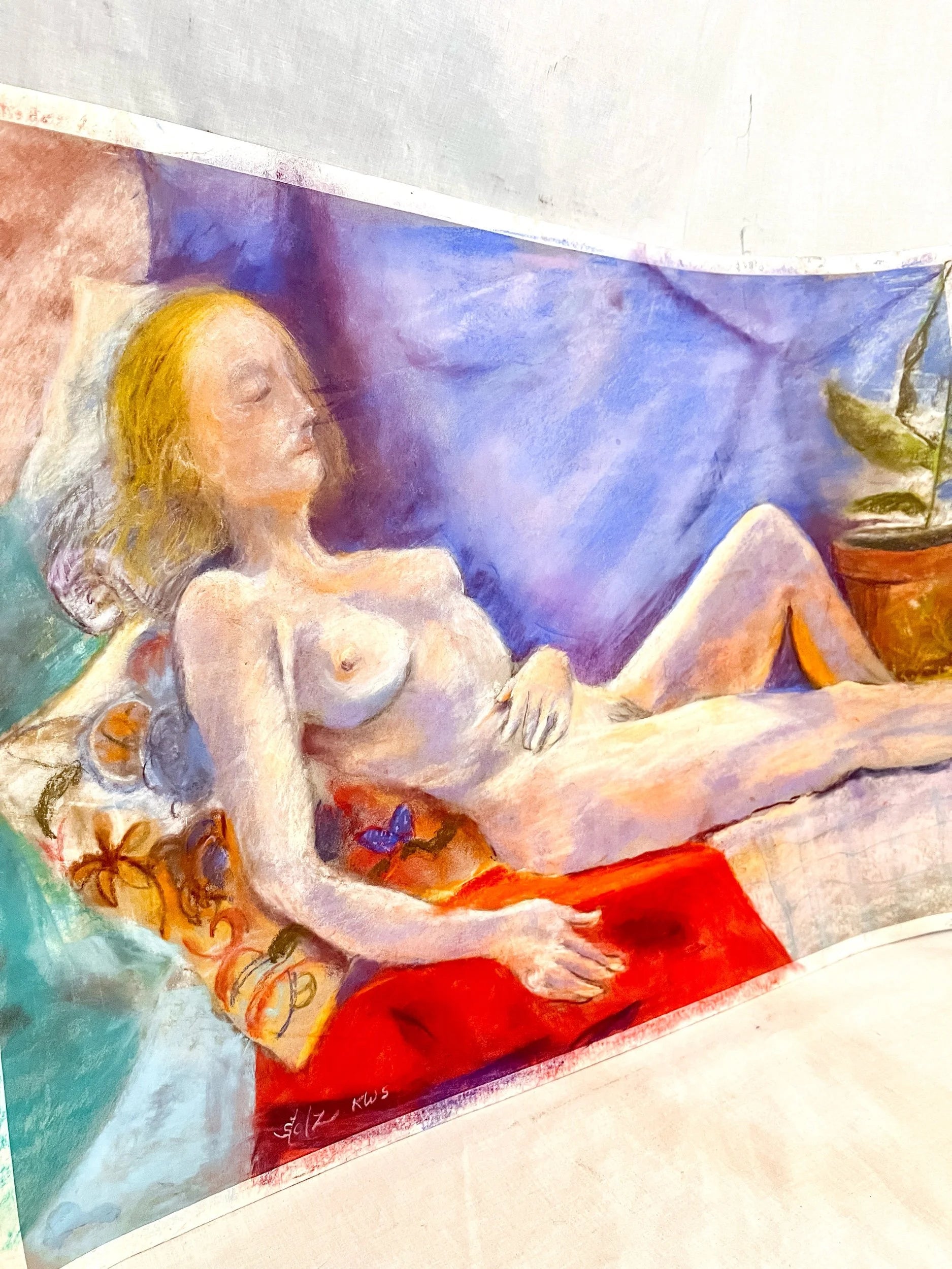 Nip Nap, Large Pastel Oil Painting on Paper