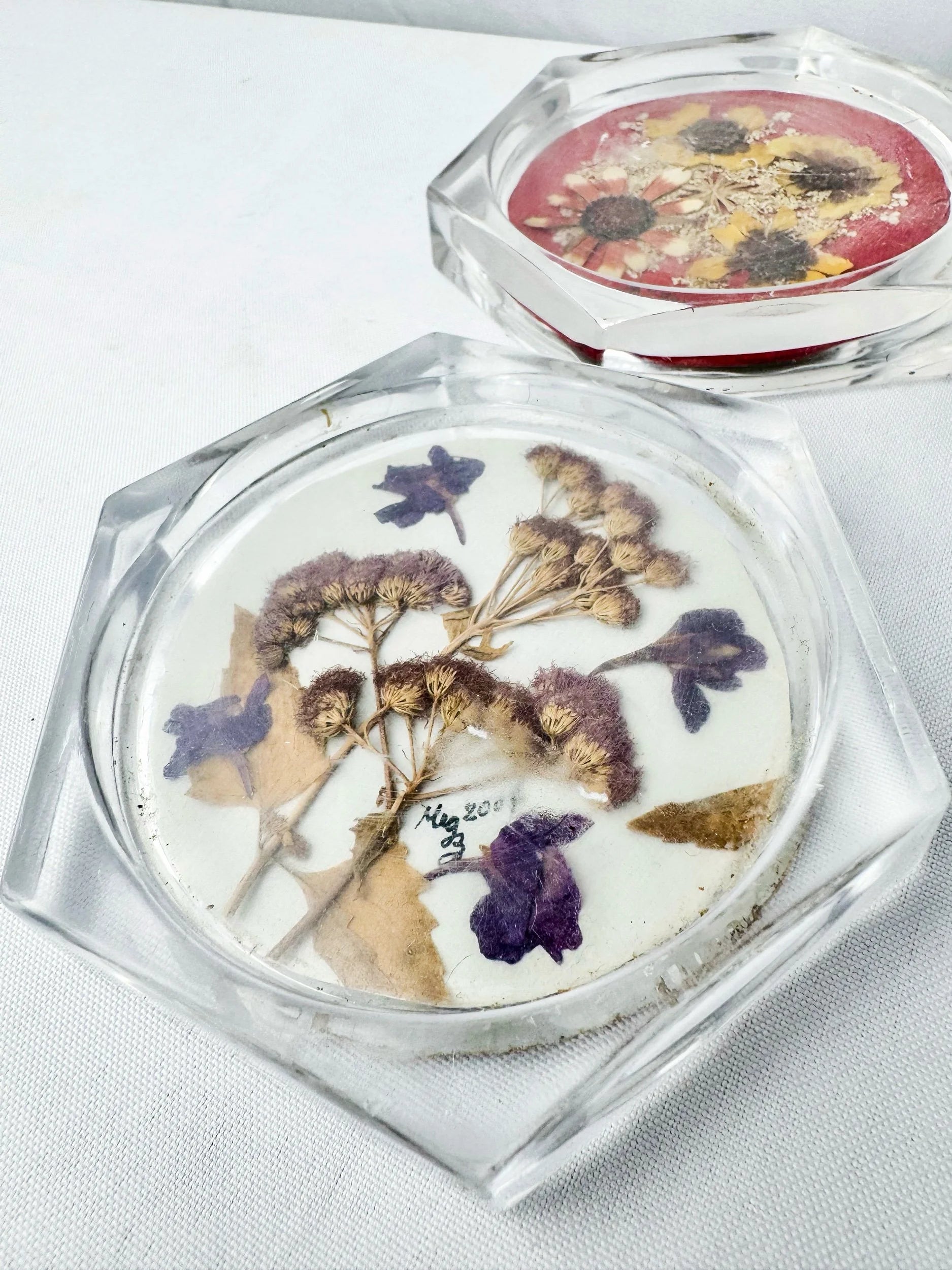 Set of Two Dried Flower Acrylic Coasters