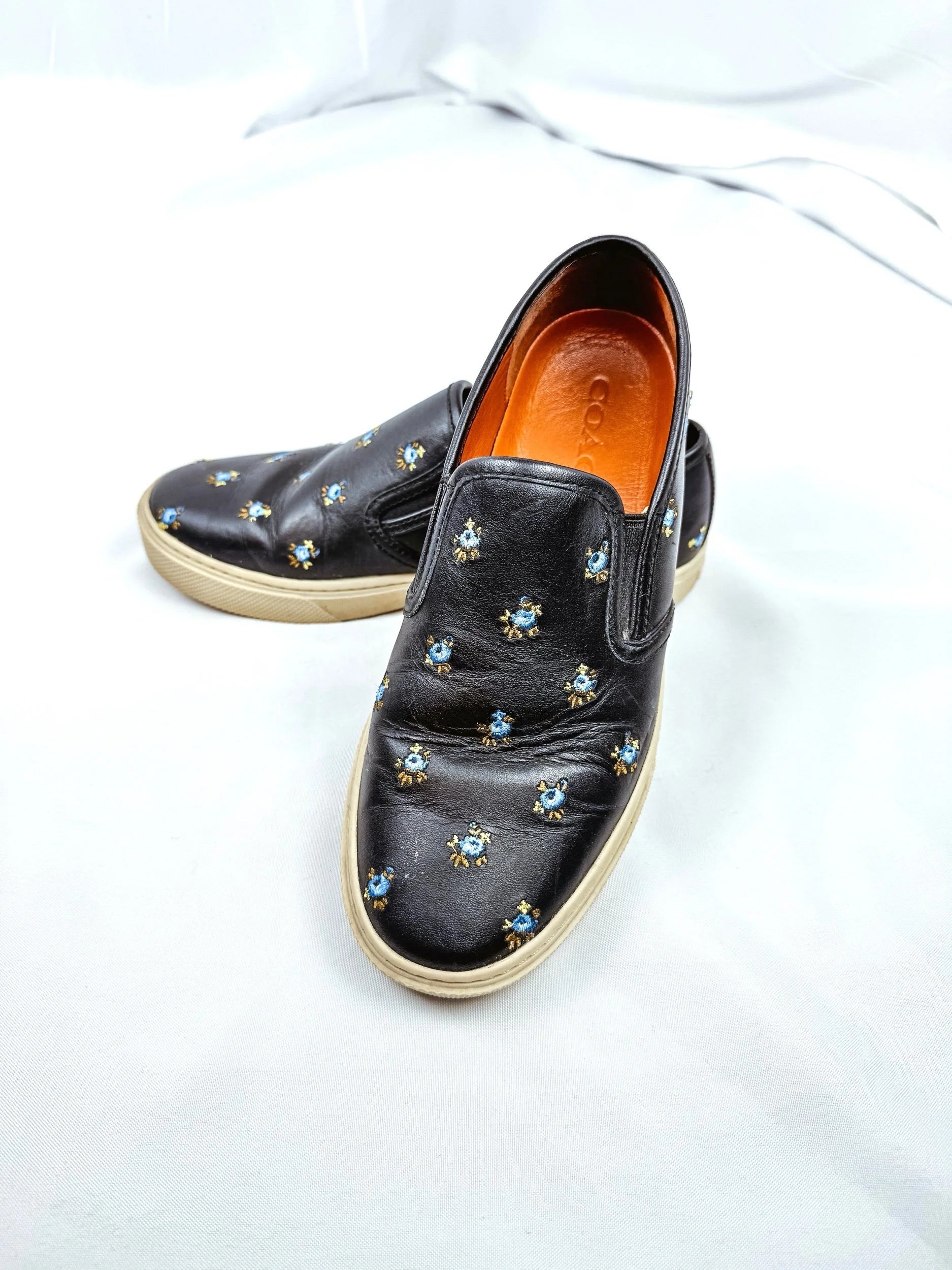 Coach Black C115 Slip on Sneakers w/ Blue Embroidered Flowers