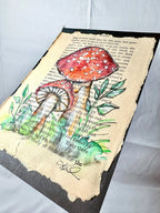 Original Painting, Red Mushrooms Over Book Page
