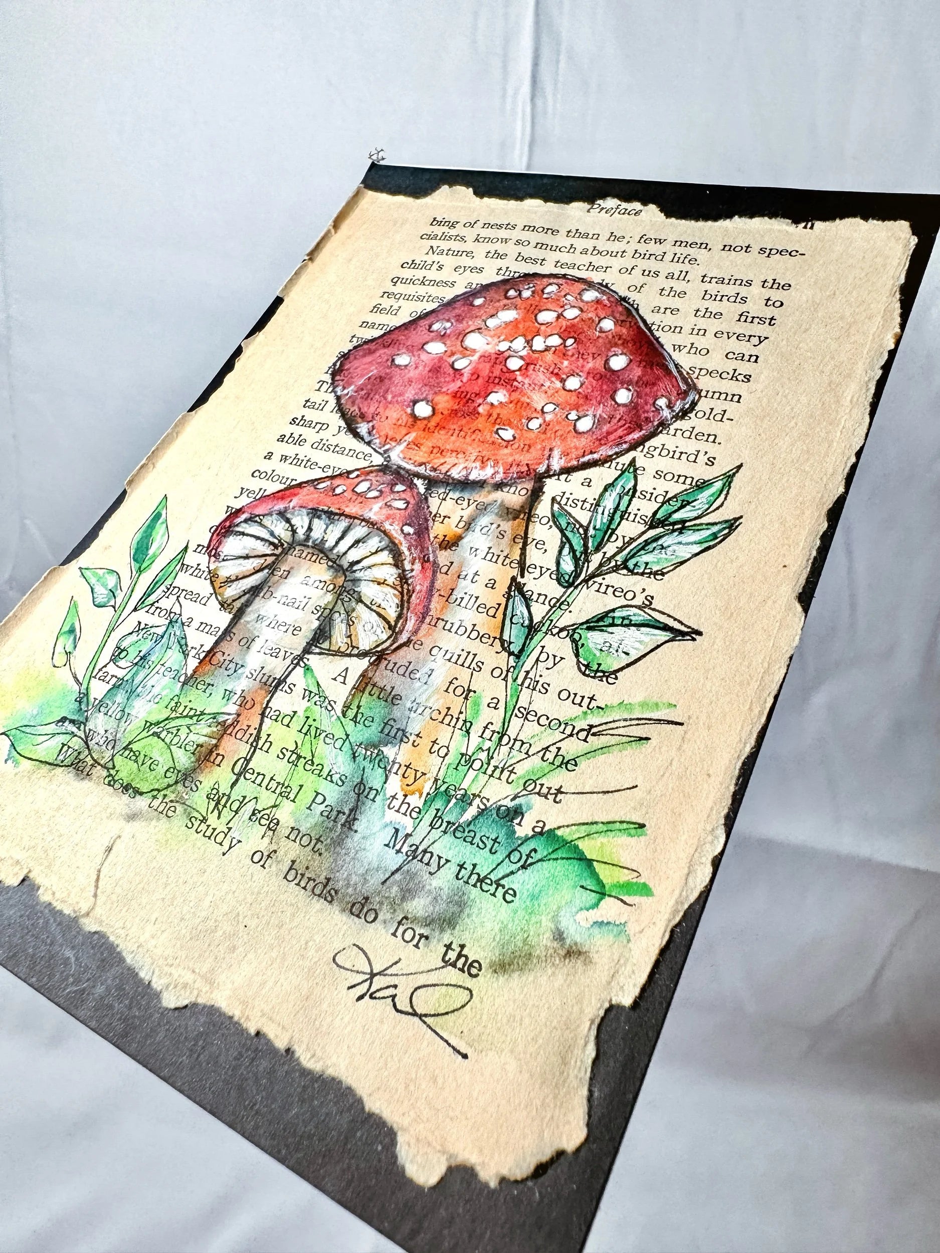 Original Painting, Red Mushrooms Over Book Page