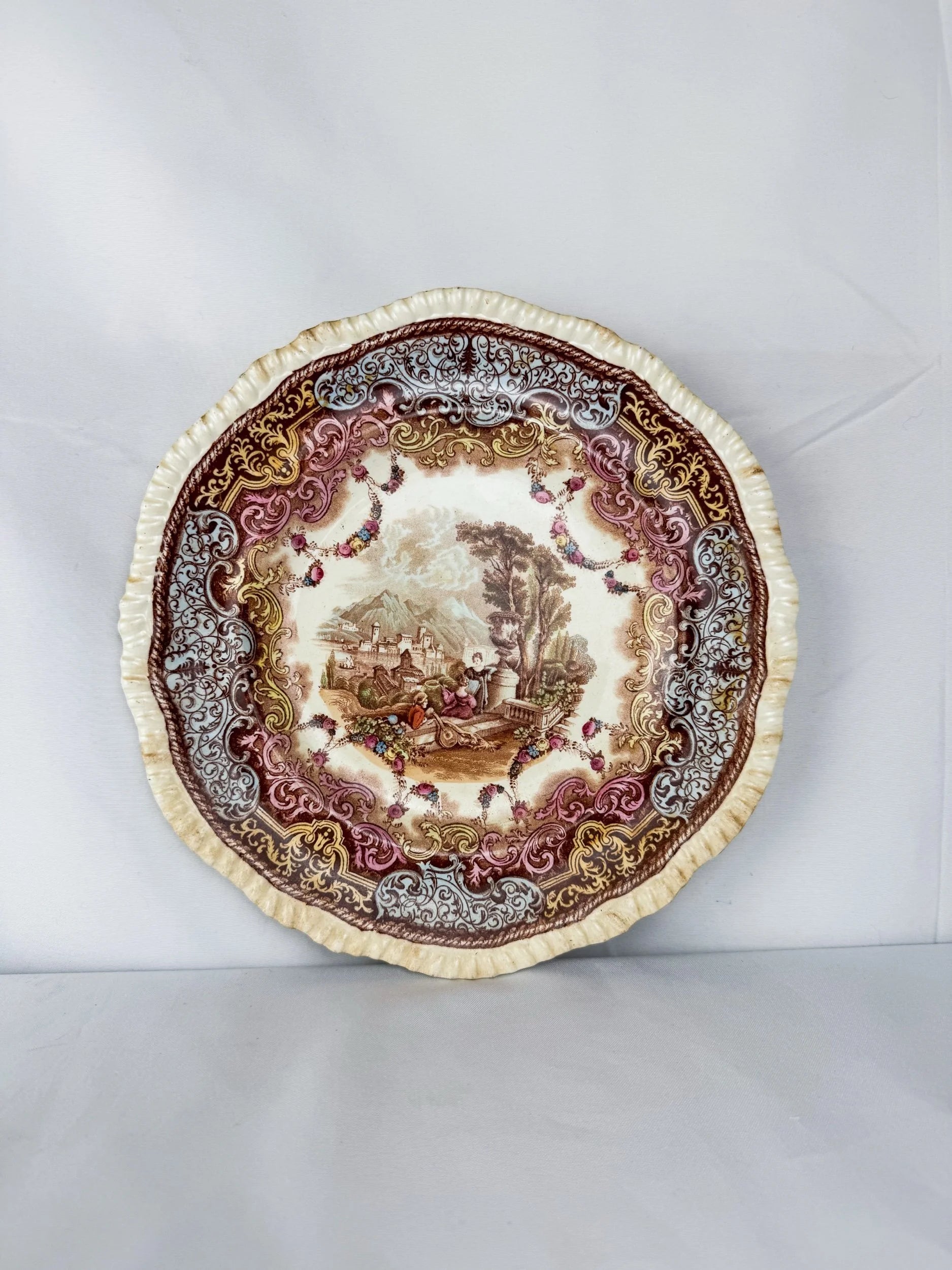 Antique Spode Copeland 'Continental Views' polychrome transferware plate "Music Lesson in the Garden"