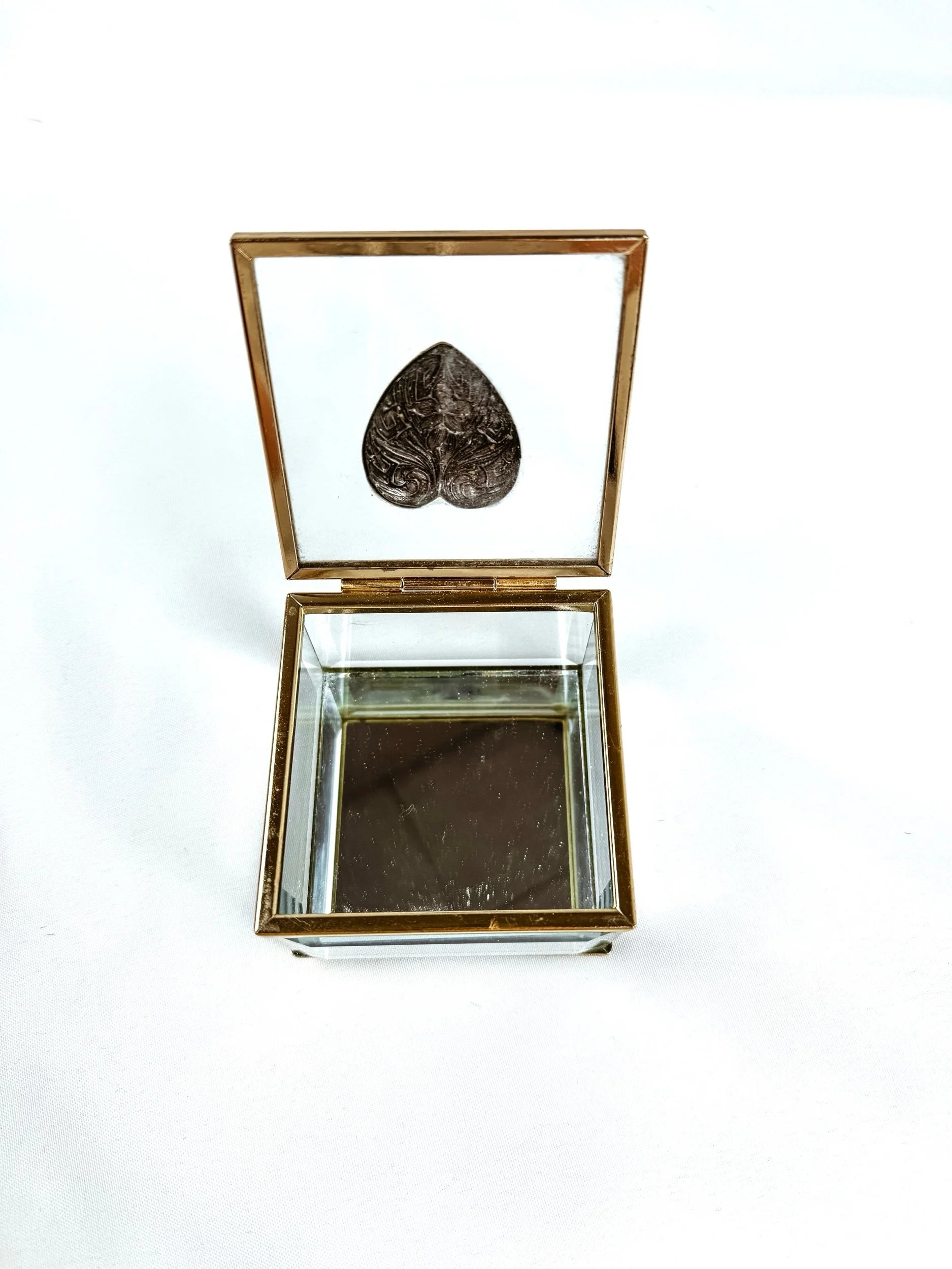 Silver Heart Mirrored Glass and Brass Box
