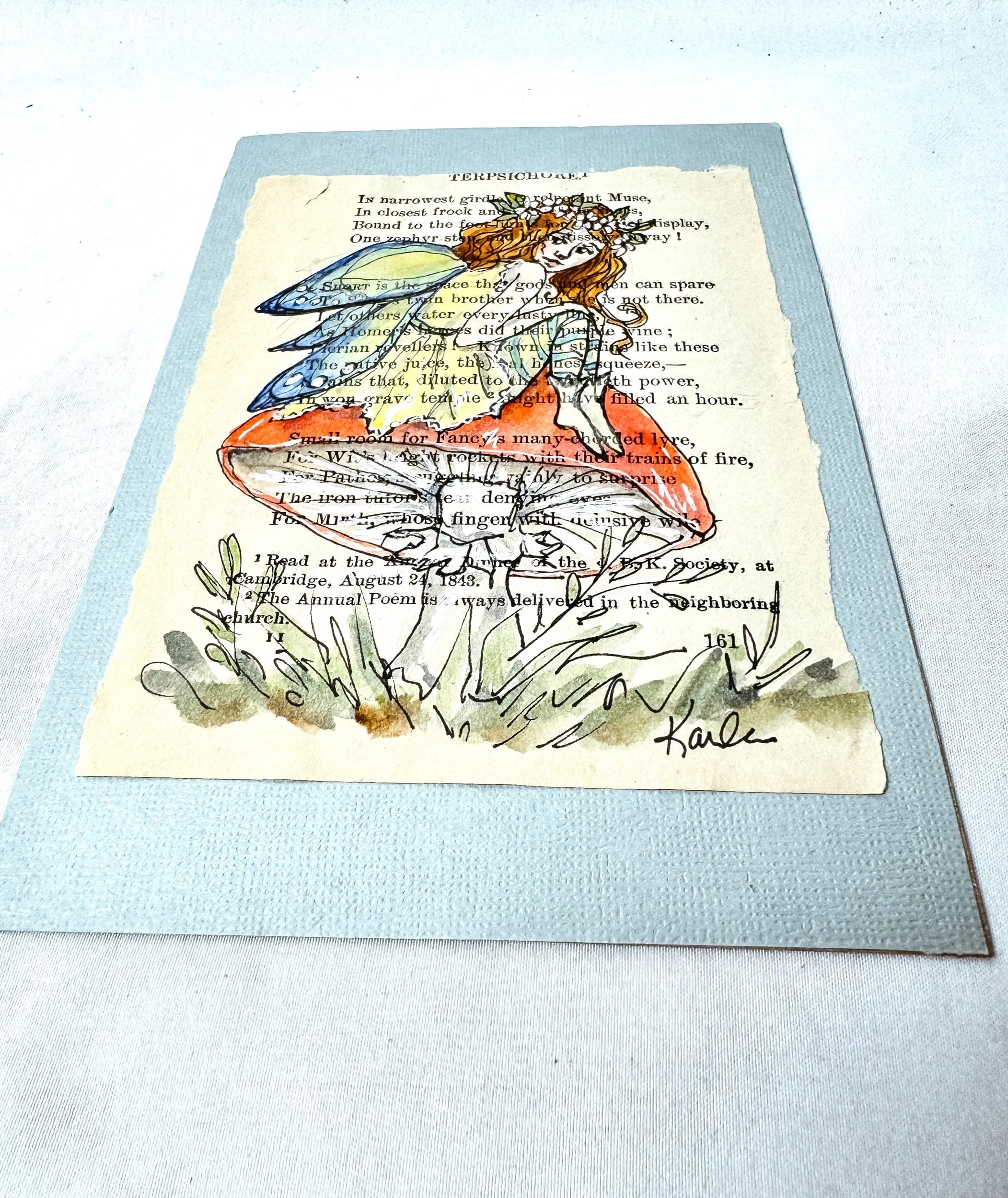 Original Painting, Fairy on Mushroom Over Book Page