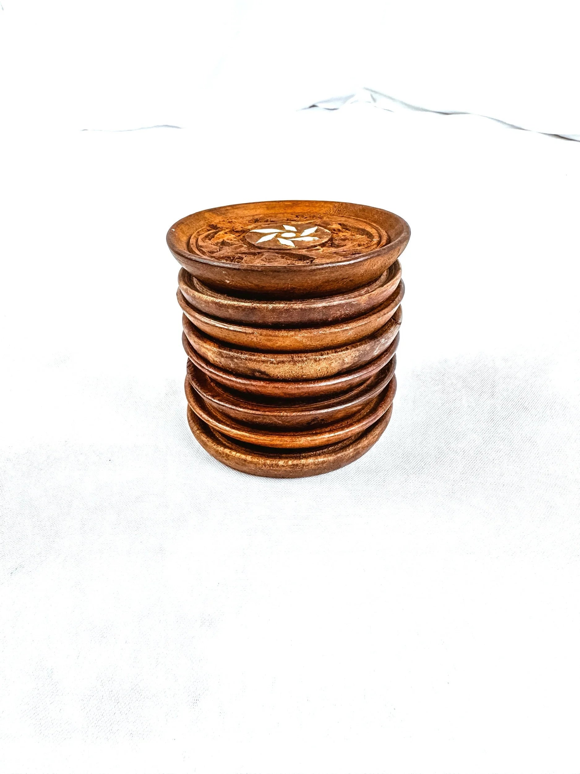 Set of 8 Vintage Carved Wood Coasters