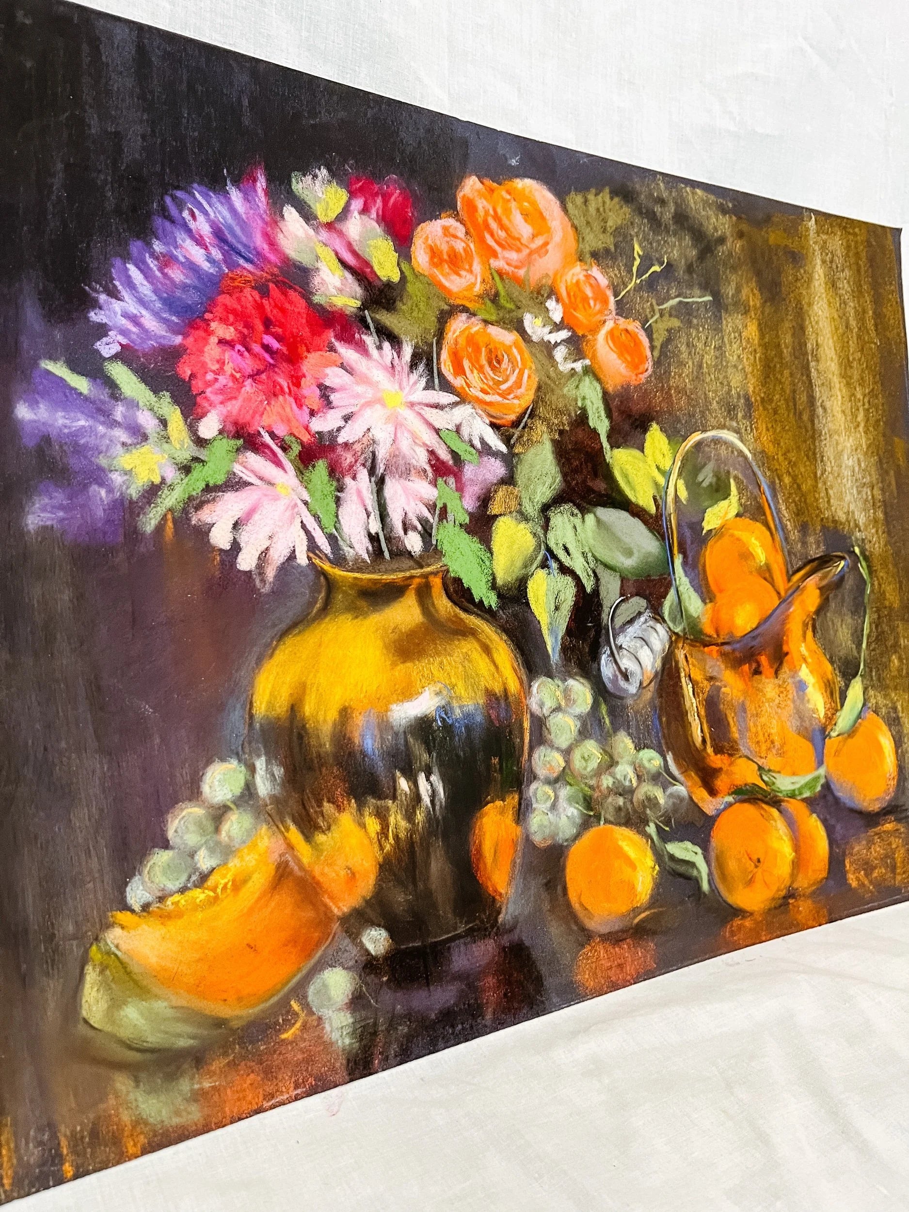 Large Floral/ Fruit Still Life, Pastel Painting on Paper