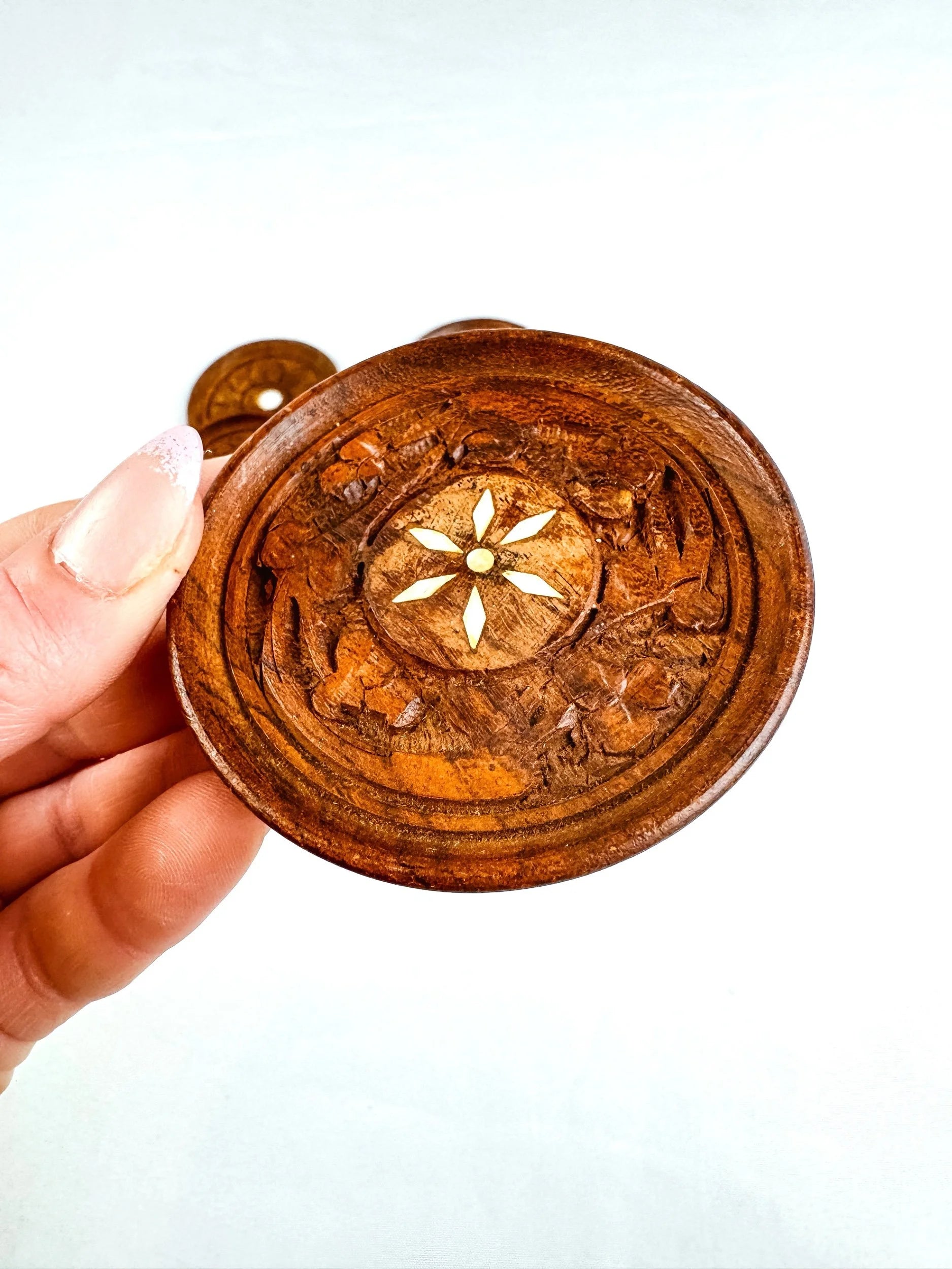 Set of 8 Vintage Carved Wood Coasters