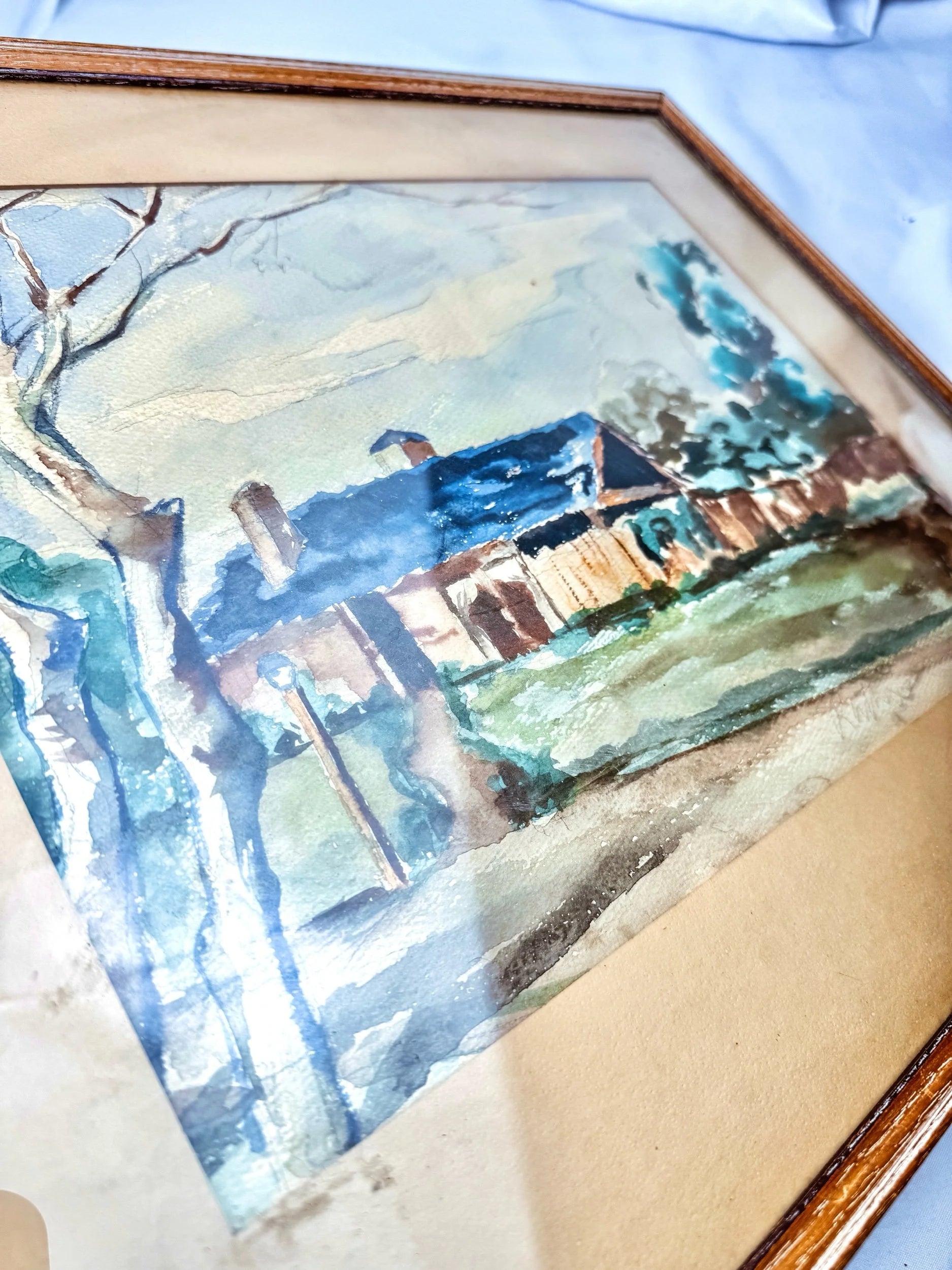 Framed Abstract Original Watercolor Painting, Signed