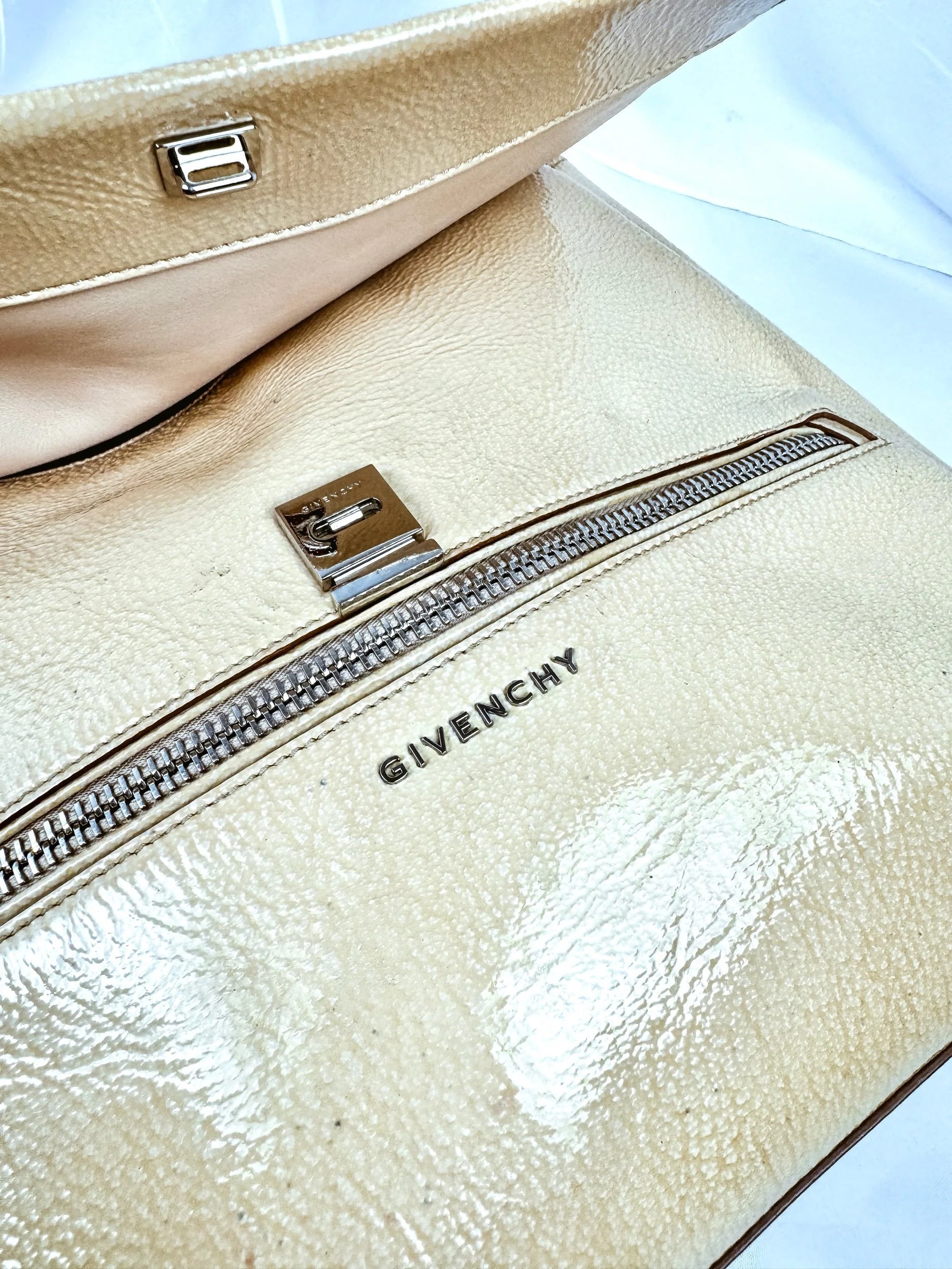 Givenchy Patent Pandora Flap Dark Cream Shoulder Bag