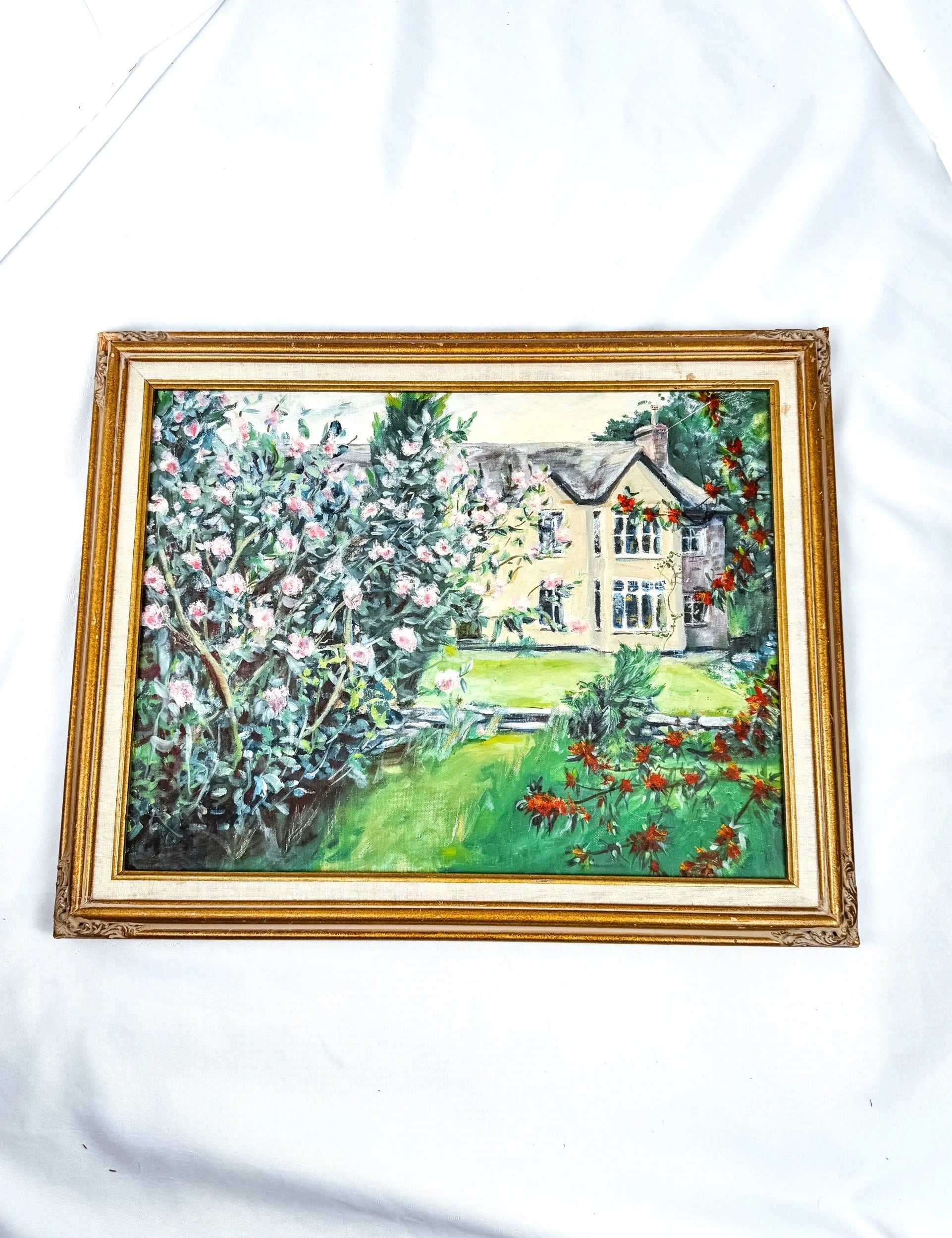 Home in the Spring, Framed Vintage Floral Painting