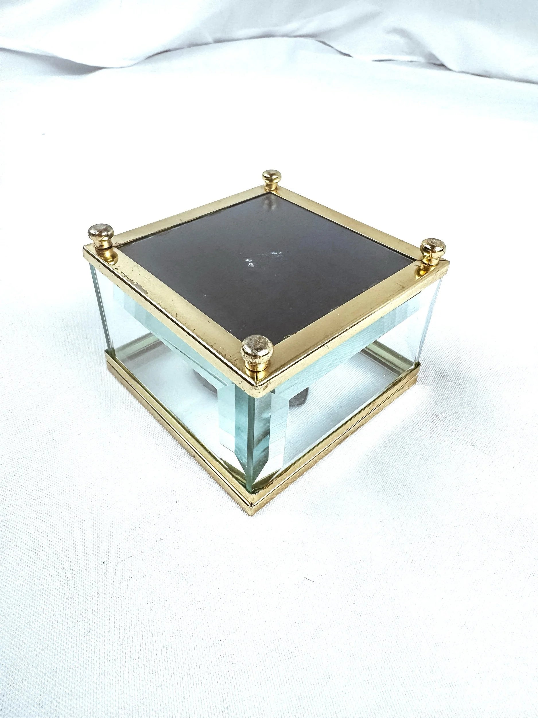 Silver Heart Mirrored Glass and Brass Box