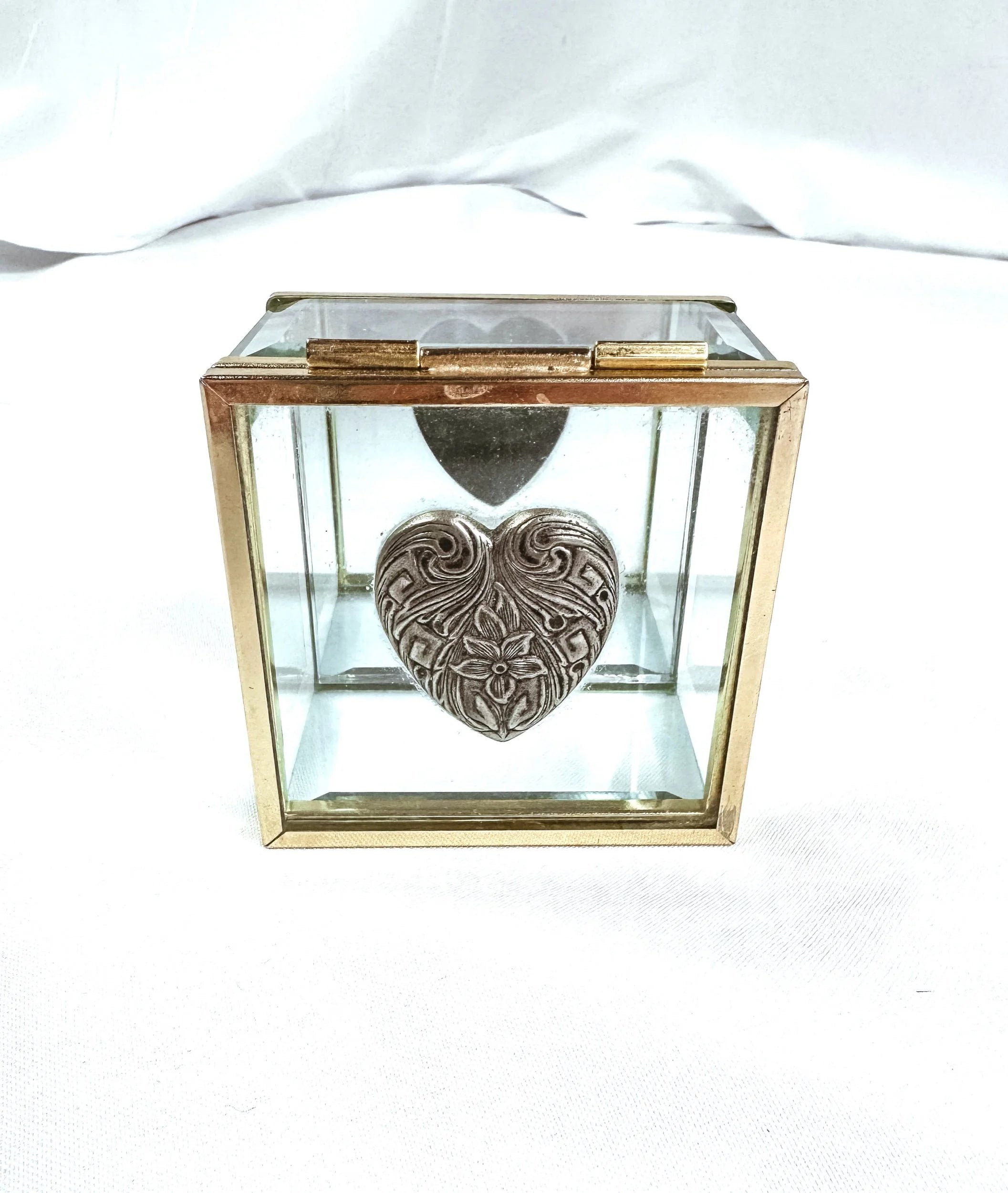 Silver Heart Mirrored Glass and Brass Box