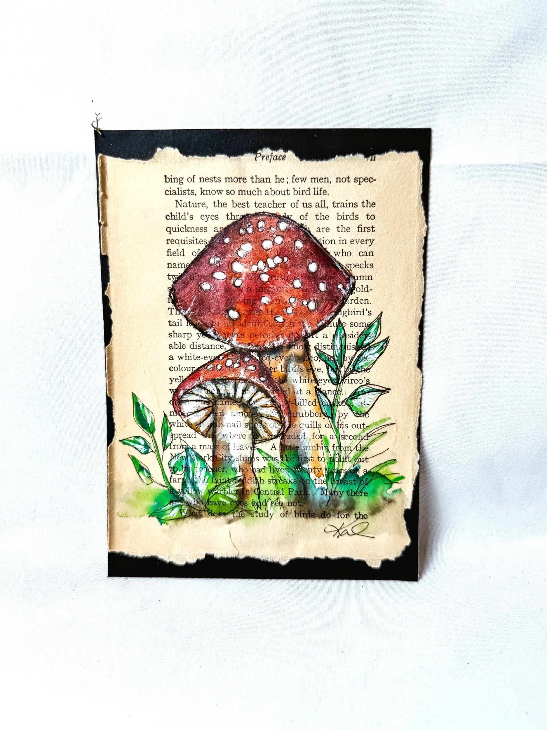 Original Painting, Red Mushrooms Over Book Page