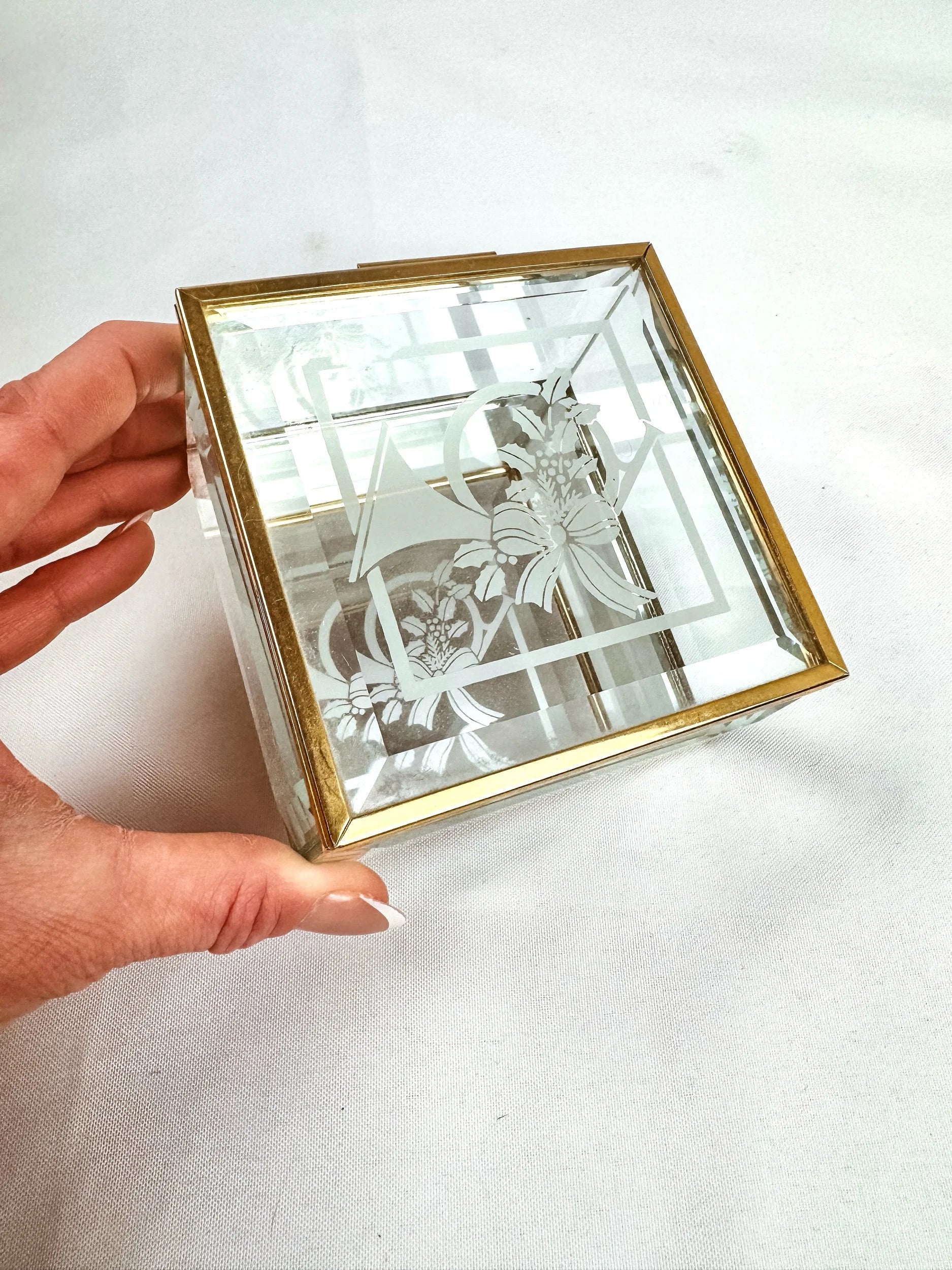 French Horn Etched Brass and Glass Box