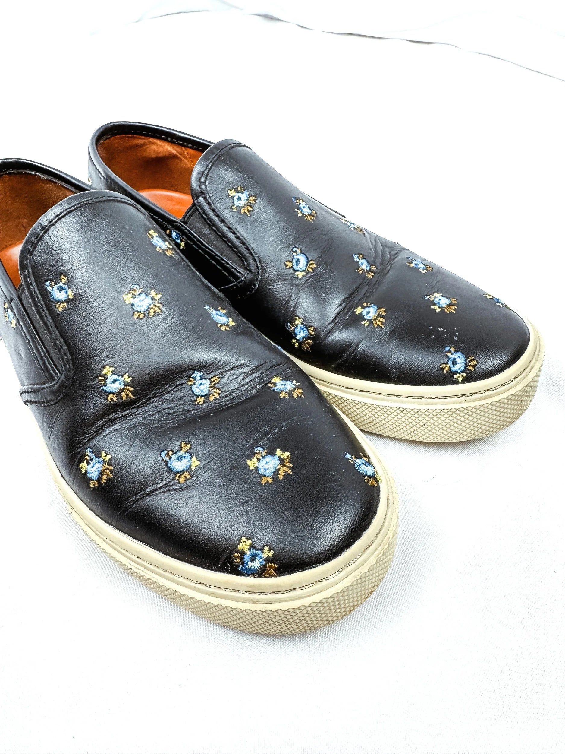 Coach Black C115 Slip on Sneakers w/ Blue Embroidered Flowers