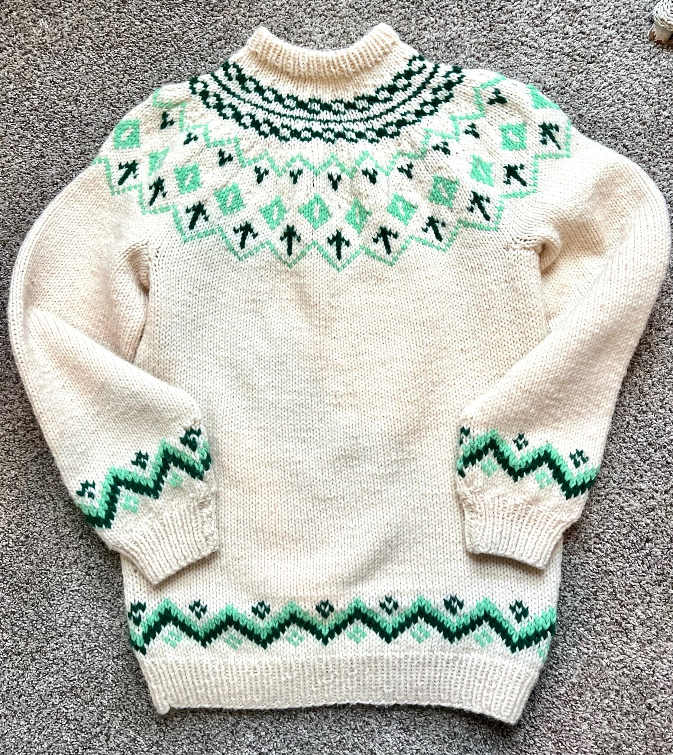Hand-Knit Cream/ Green Wool Sweater