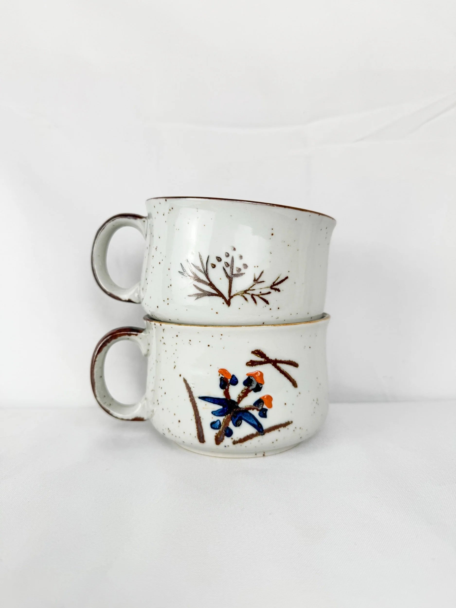 Set of Two Large, Hand-Painted Floral Pottery Mugs