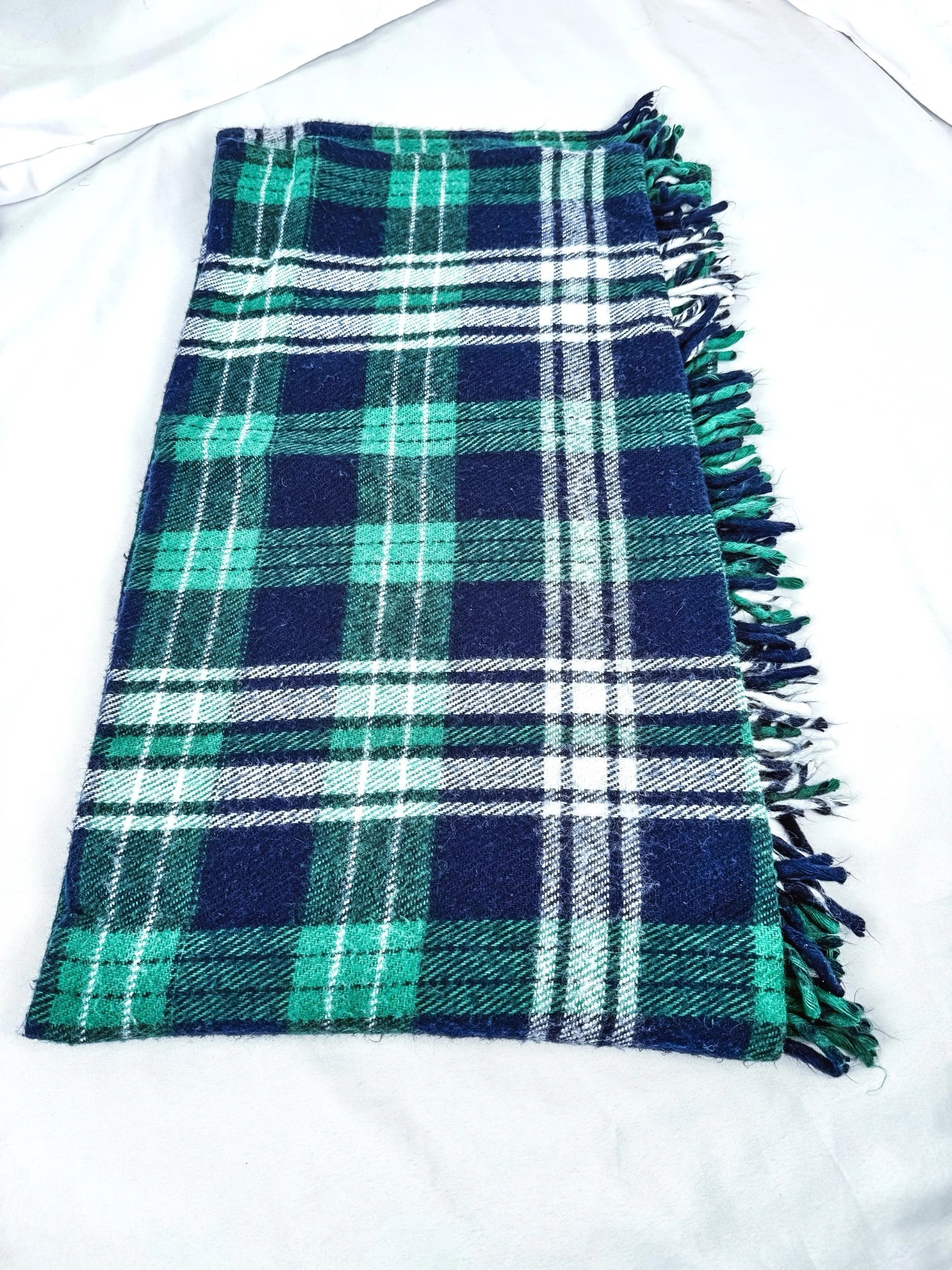Vintage Green/Navy Plaid Wool Blend Blanket