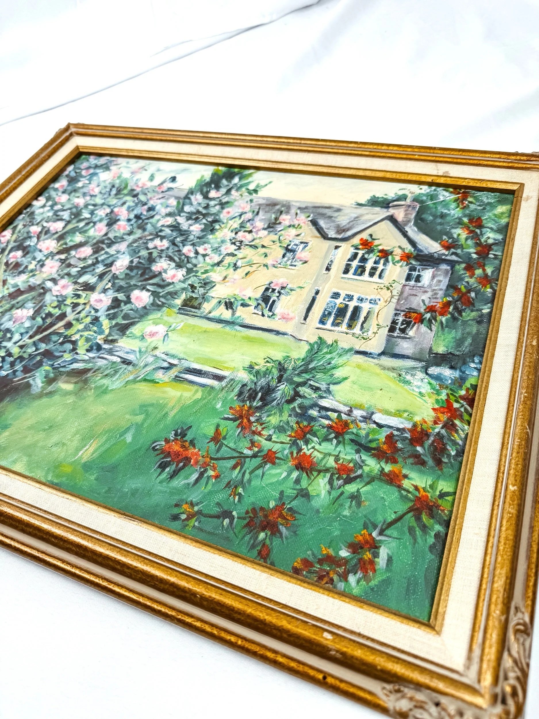 Home in the Spring, Framed Vintage Floral Painting