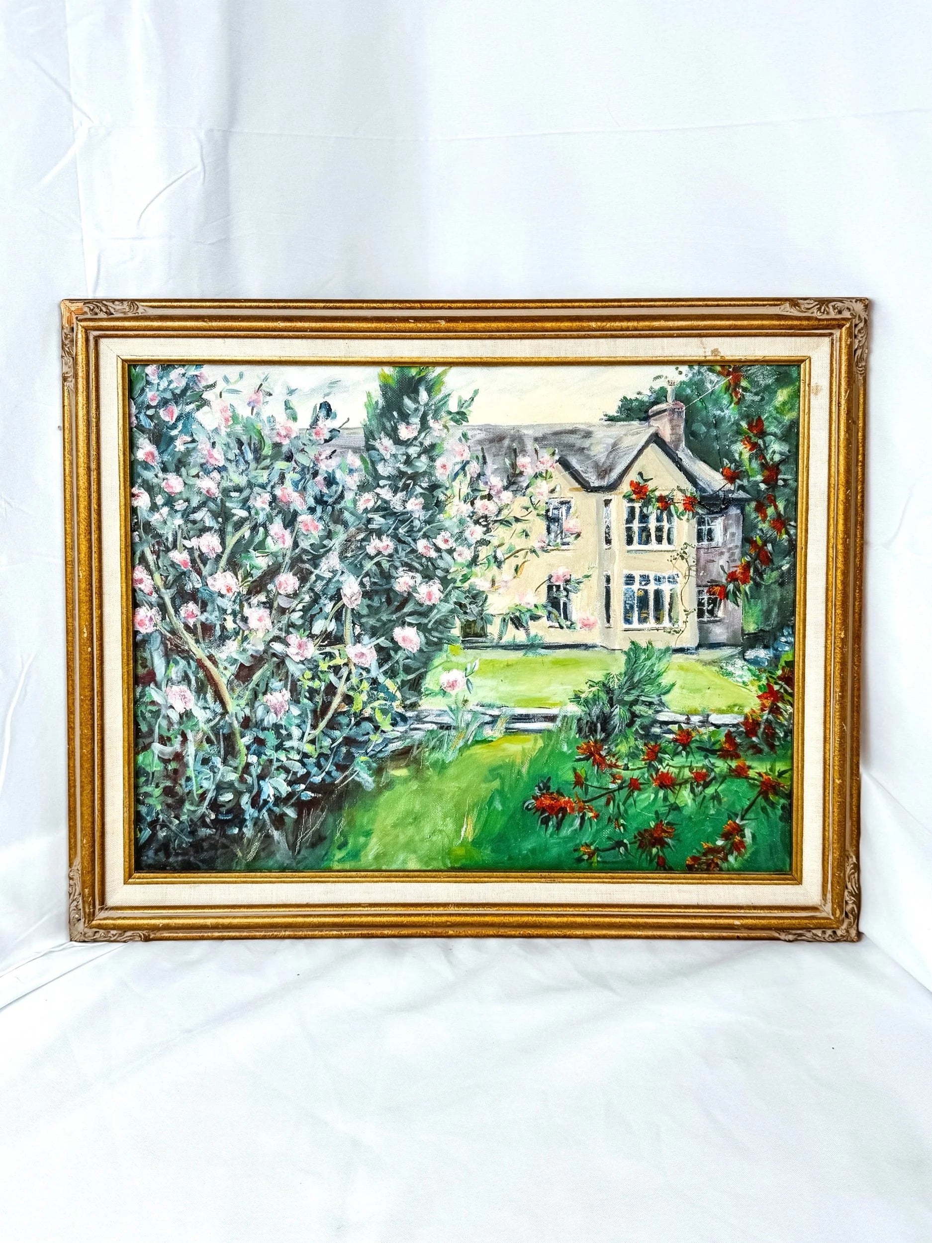 Home in the Spring, Framed Vintage Floral Painting