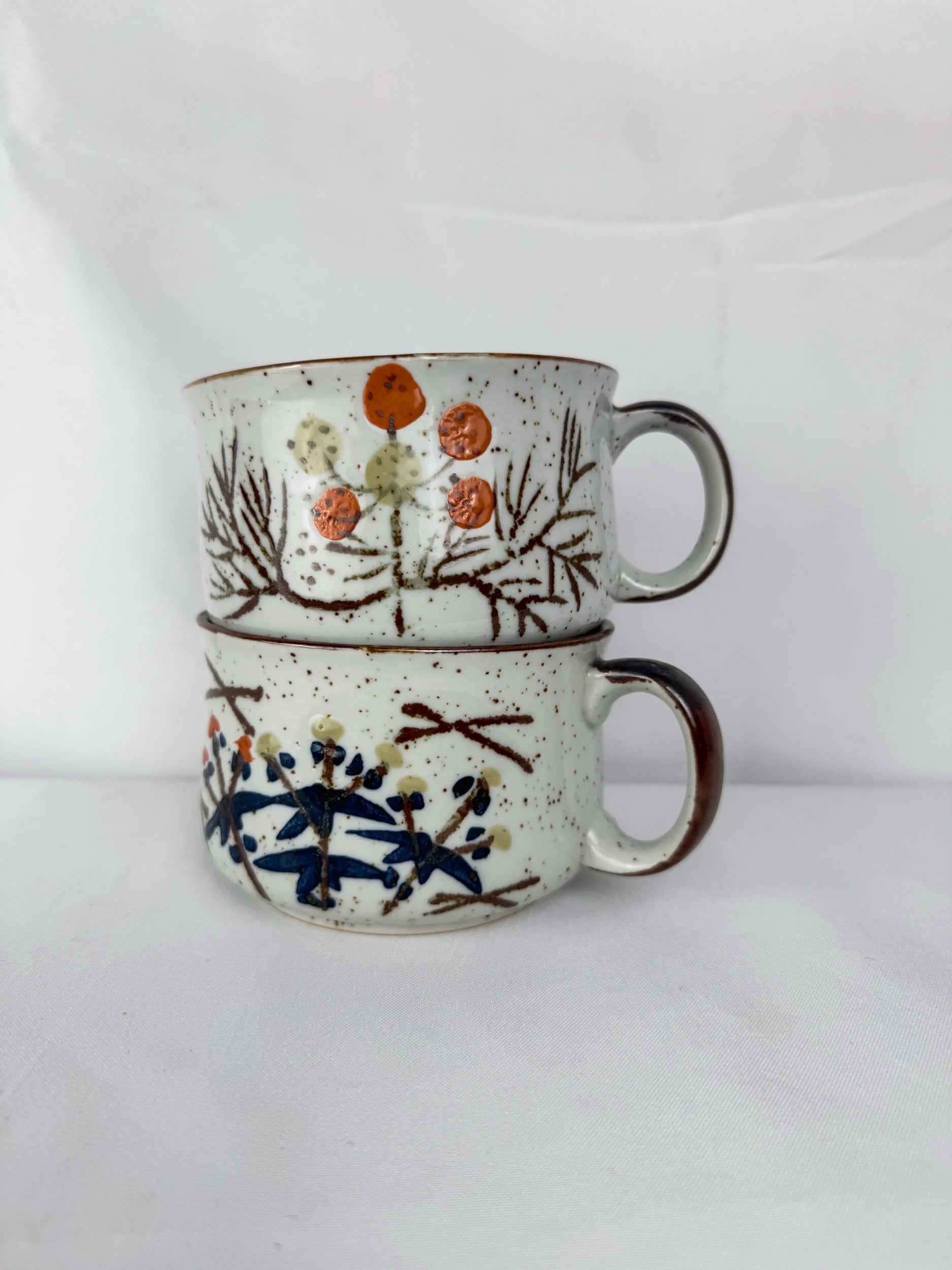 Set of Two Large, Hand-Painted Floral Pottery Mugs